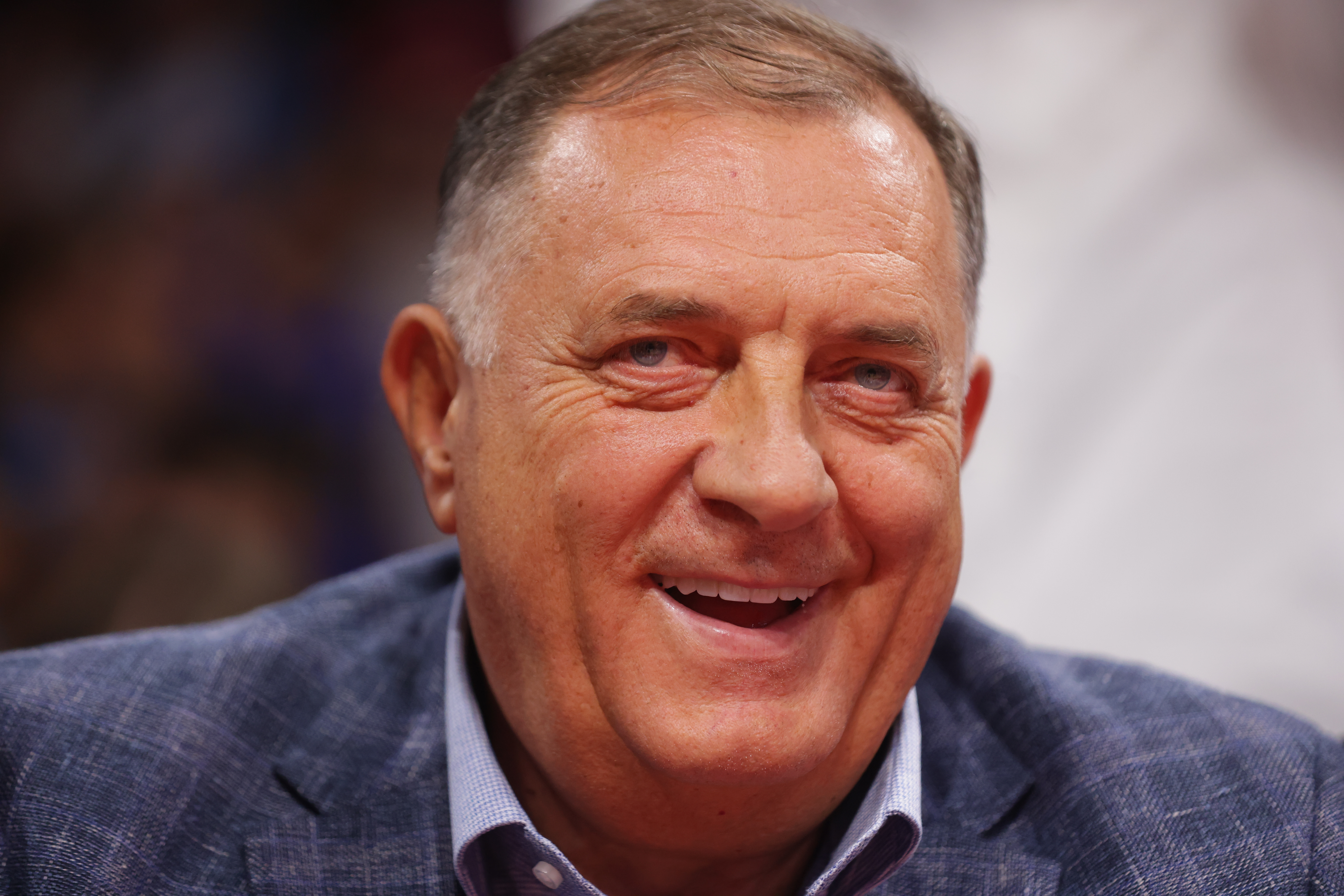 epa12315412 Disputed President of Republika Srpska Milorad Dodik attends the international  basketball friendly match between Serbia and Slovenia in Belgrade, Serbia, 21 August 2025.  EPA/ANDREJ CUKIC