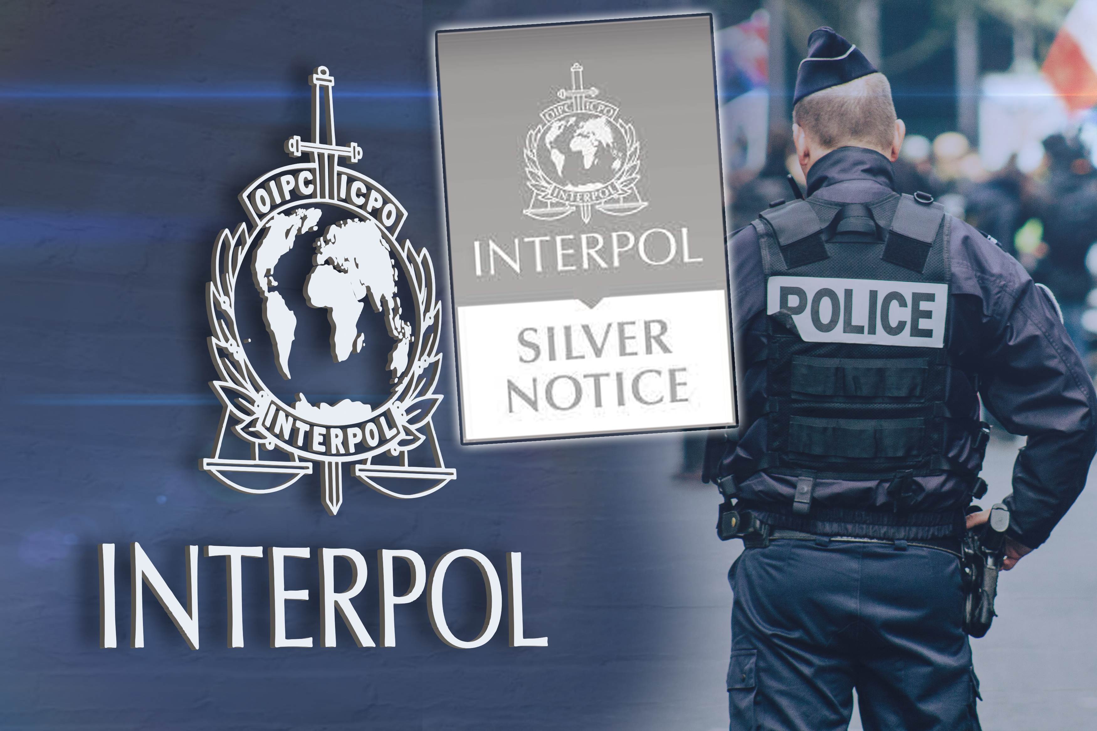 interpol kombo srebrna poternica Silhouette of secret agent wearing headphones against Interpol emblem and blue textured wall, color highlights; Austria, Vienna, January 30, 2024.