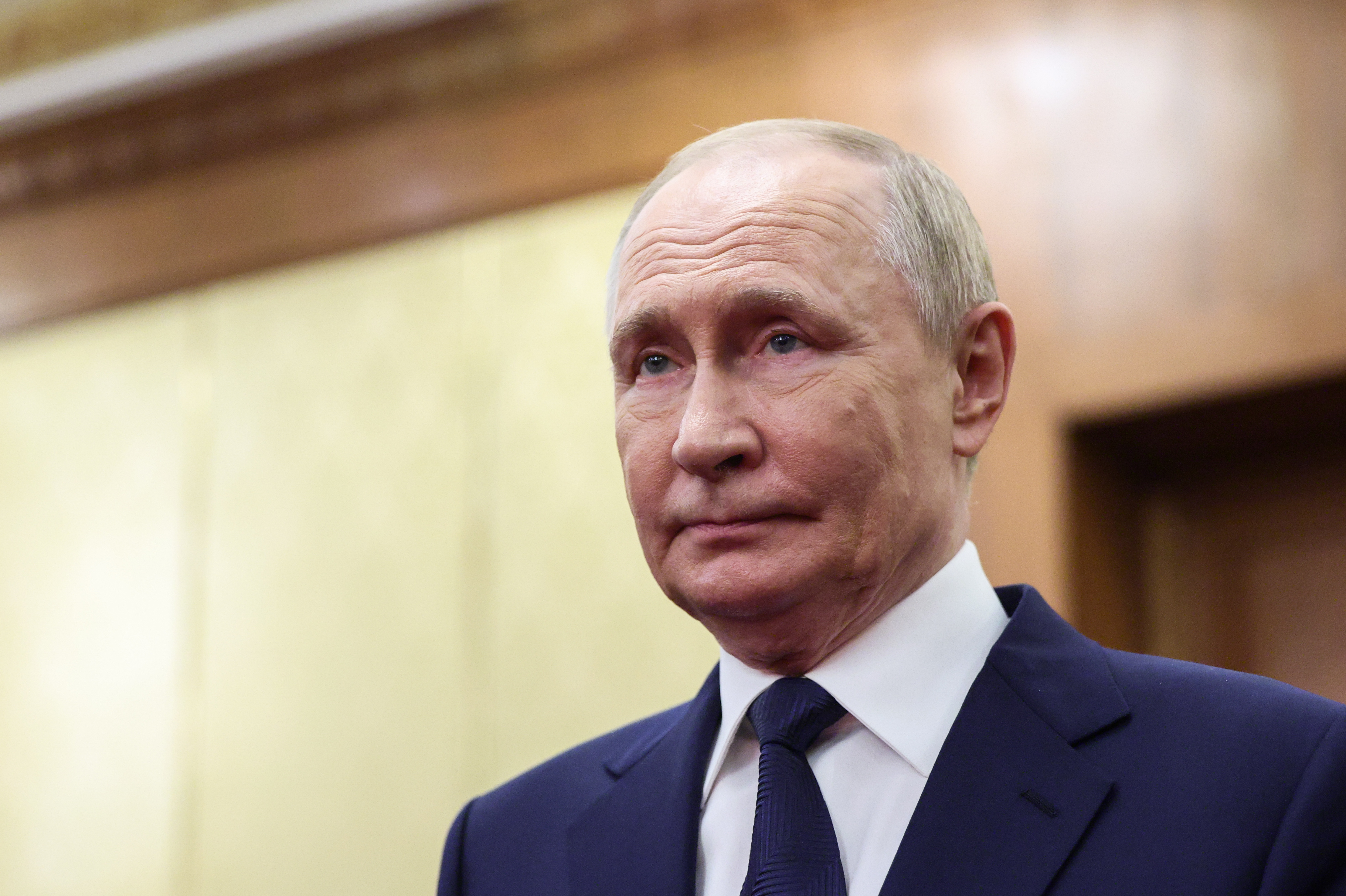 epa12345953 Russian President Vladimir Putin looks on during a meeting at Diaoyutai State Guesthouse in Beijing, China, 02 September 2025, one day ahead of China's Victory Parade commemorating the end of WWII.  EPA/MAXIM SHEMETOV / POOL