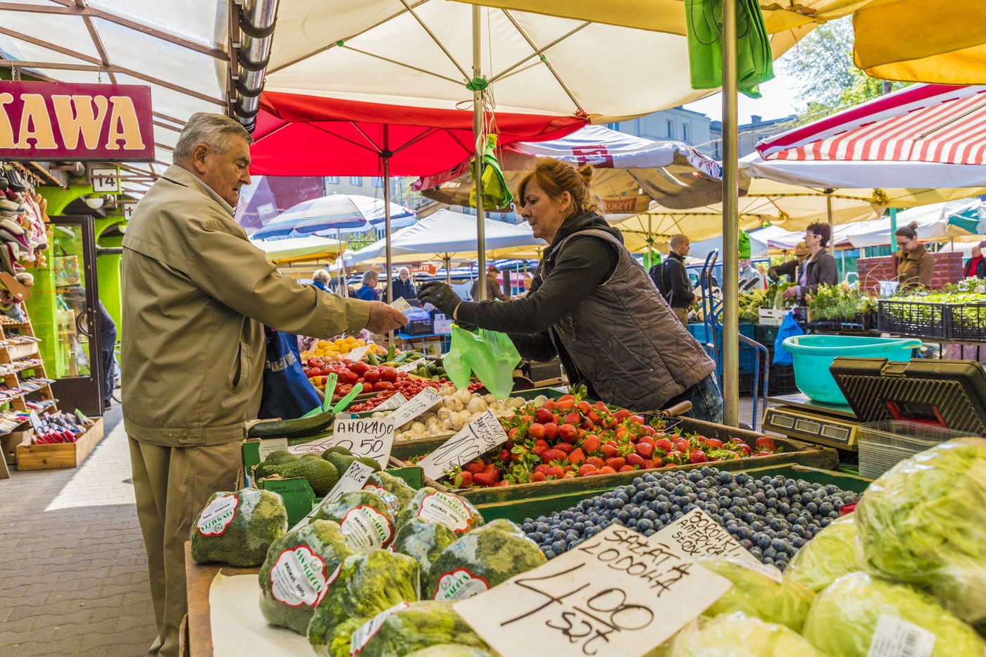 A fruit and vegetable stall at the Unitarg Plac Targowy local market in Krakow, Poland, Europe,Image: 468673877, License: Rights-managed, Restrictions: Editorial Use Only, Model Release: no, Credit line: Chris Mouyiaris / robertharding / Profimedia