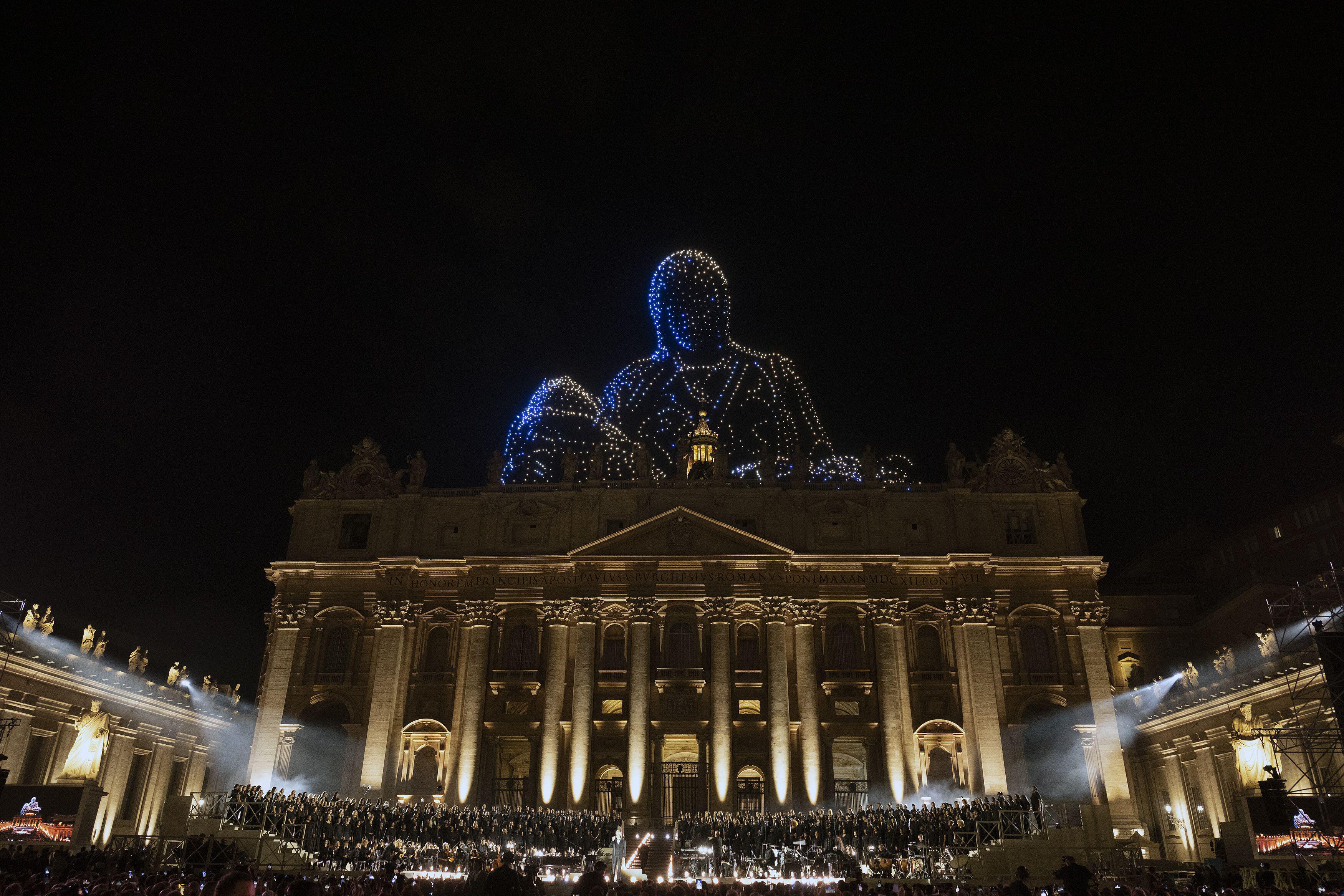 Vatican, Vatican. 14th Sep, 2025. **NO LIBRI** Italy, Rome, Vatican, 2025/9/13.Drones compose light images over St. Peter basilica during a concert in St. Peter's Square for the conclusion of the World Meeting on Human Fraternity at the Vatican, Photograp