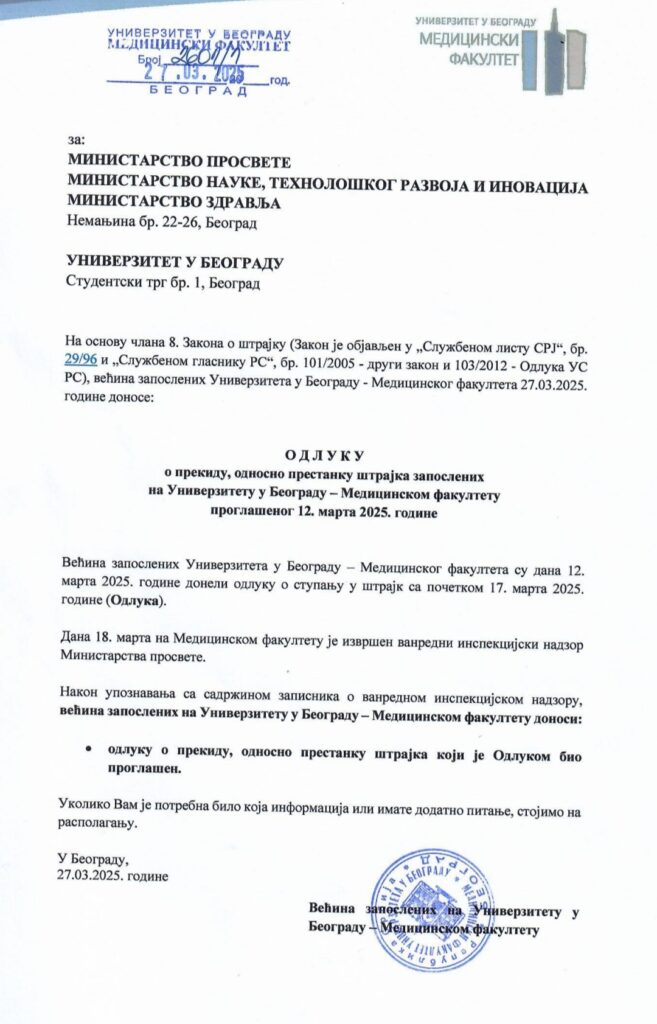 odluka o prestanku štrajka