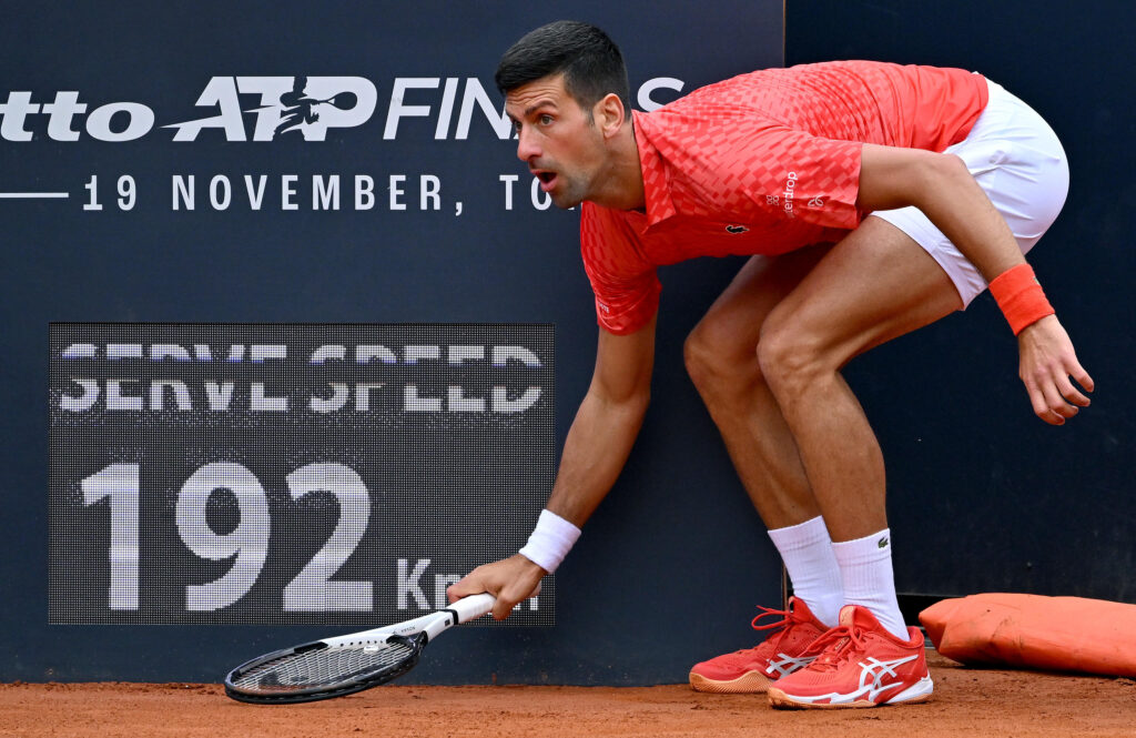 epa10630881 Novak Djokovic of Serbia in action during his men's singles fourth round match against Cameron Norrie of Great Britain (not pictured) at the Italian Open tennis tournament in Rome, Italy, 16 May 2023.  EPA-EFE/ETTORE FERRARI