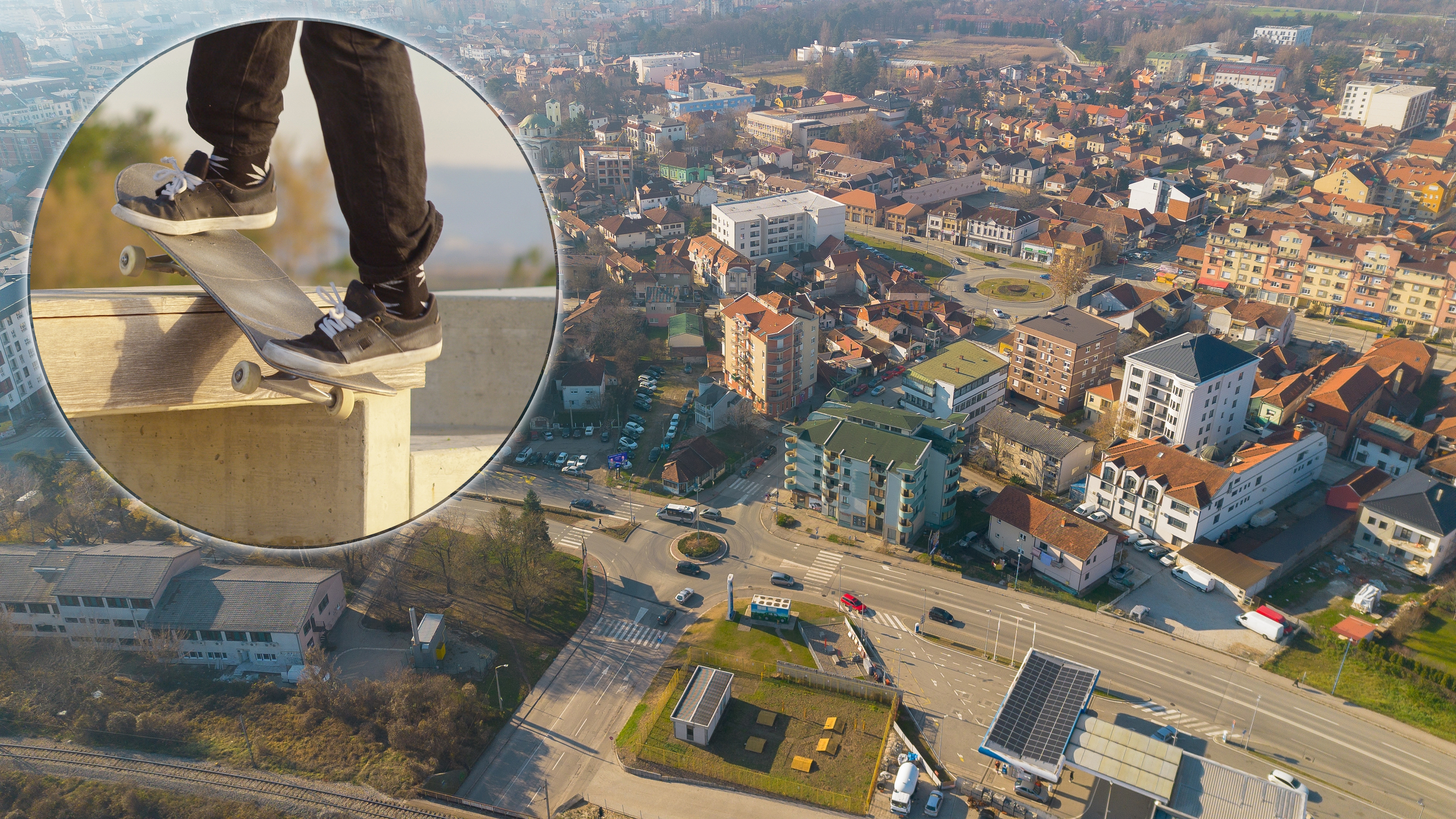 The city of Čačak, Serbia, from the drone skejt park, pokrivalica čačak