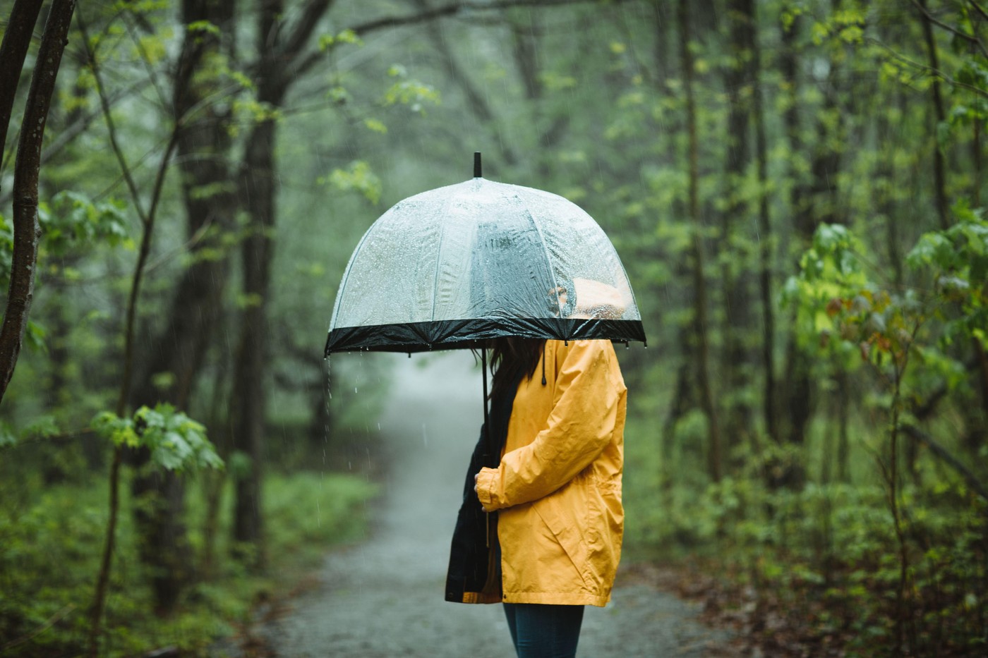 Girl with an umbrella in the park wearing a yellow raincoat