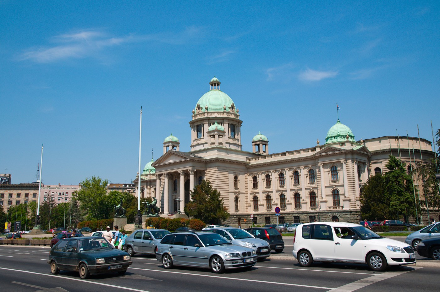 Cars on Bulevar Kralja Aleksandra street in front of Serbian national assembly parliament building central Belgrade Serbia