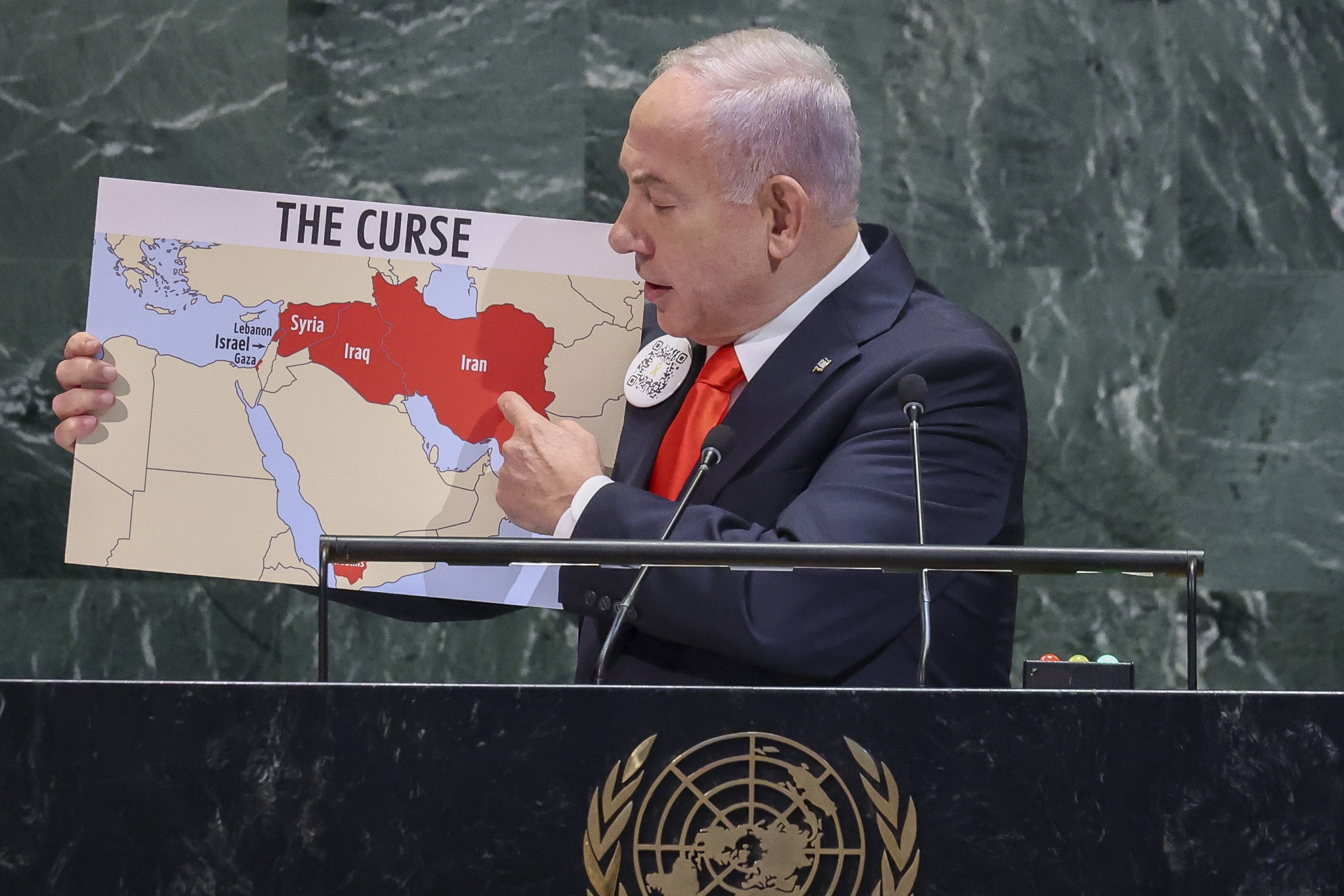 epa12407724 Prime Minister of Israel Benjamin Netanyahu speaks during the General Debate of the 80th session of the United Nations General Assembly at United Nations headquarters in New York, New York, USA, 26 September 2025.  EPA/SARAH YENESEL