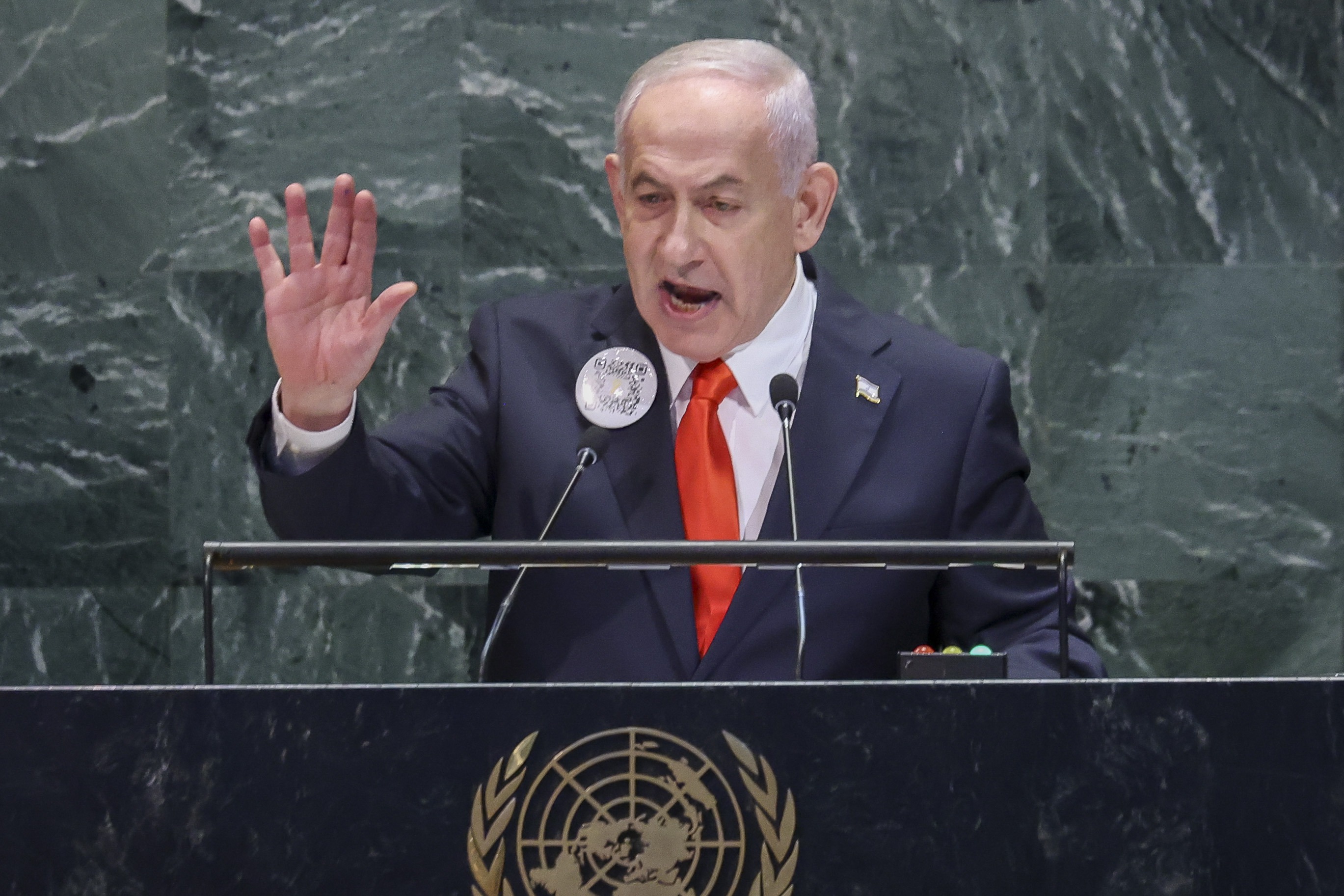 epa12407720 Prime Minister of Israel Benjamin Netanyahu speaks during the General Debate of the 80th session of the United Nations General Assembly at United Nations headquarters in New York, New York, USA, 26 September 2025.  EPA/SARAH YENESEL