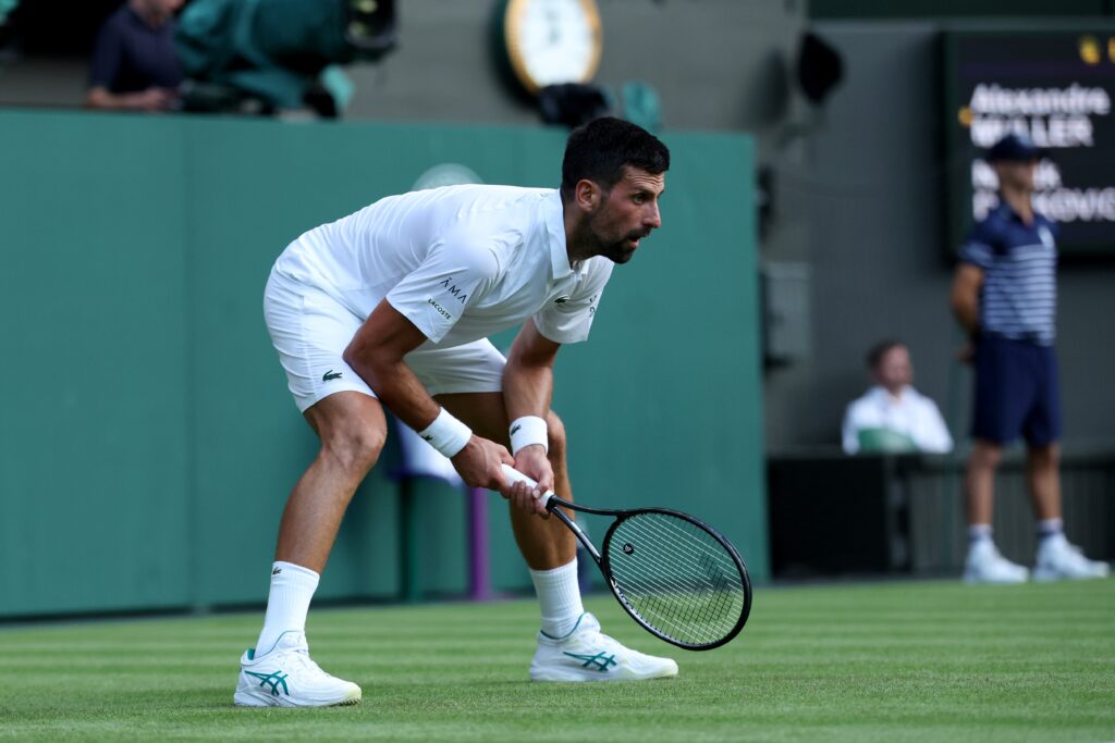 epa12209127 Novak Djokovic of Serbia in action during the Men's 1st round match against Alexandre Muller of France at the Wimbledon Championships, Wimbledon, Britain, 01 July 2025.  EPA/NEIL HALL  EDITORIAL USE ONLY