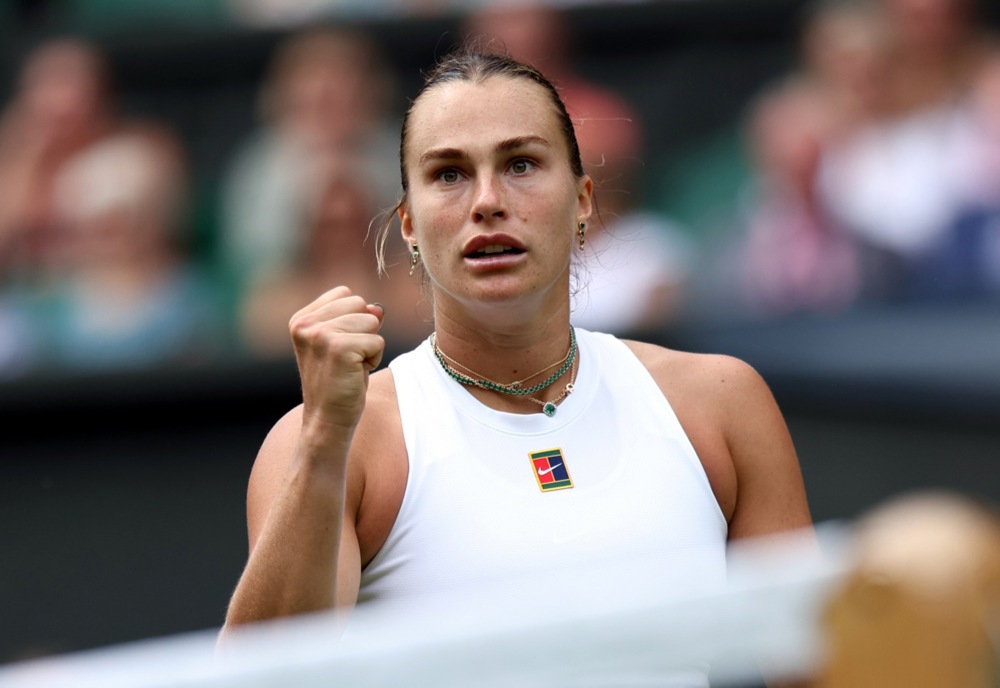 epa12210338 Aryna Sabalenka of Belarus reacts during the Women's 2nd round match against Marie Bouzkova of Czech Republic at the Wimbledon Championships, Wimbledon, Britain, 02 July 2025.  EPA/NEIL HALL  EDITORIAL USE ONLY