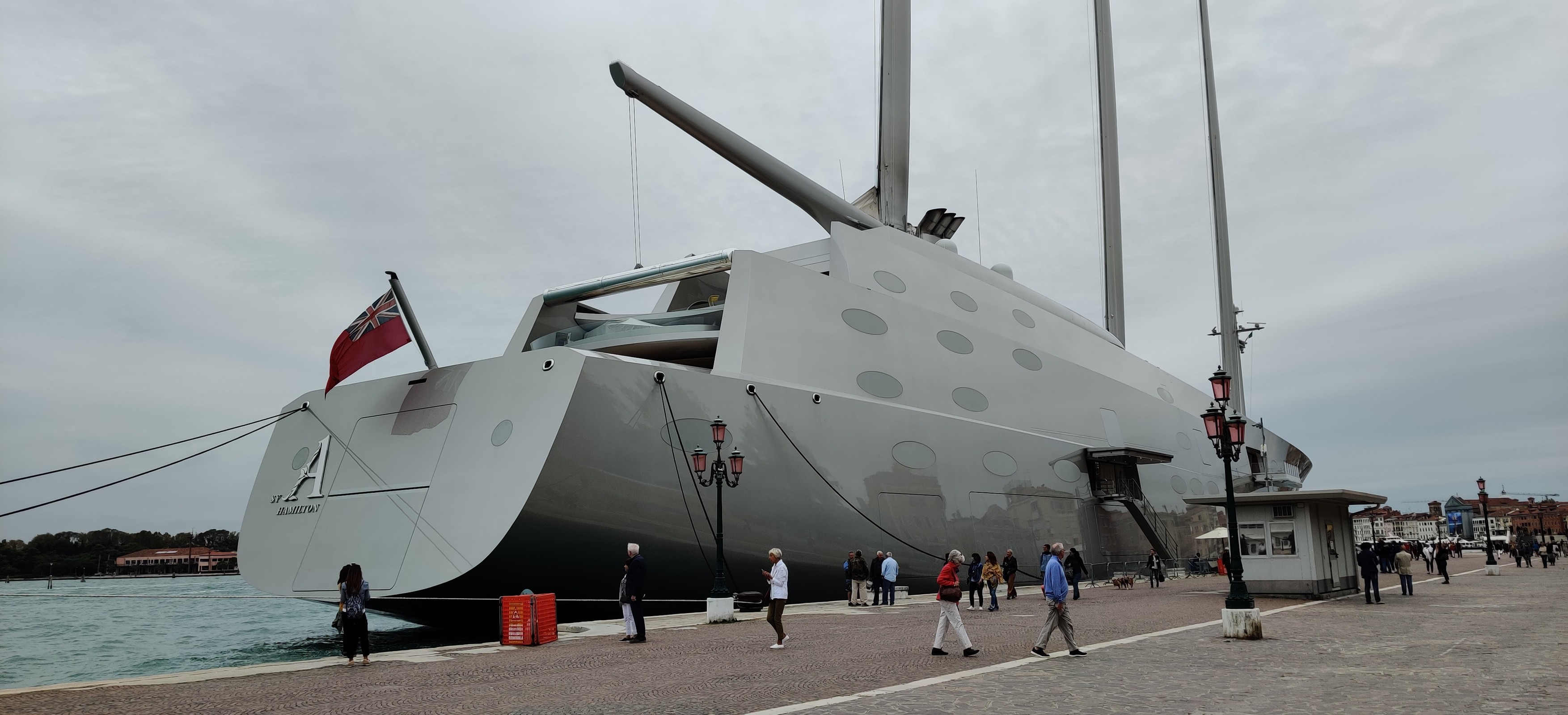 General views of Sailing Yacht A designed by Philippe Starck and built by Nobiskrug for the Russian billionaire Andrey Melnichenko seen in Venice, Italy on September 22, 2019