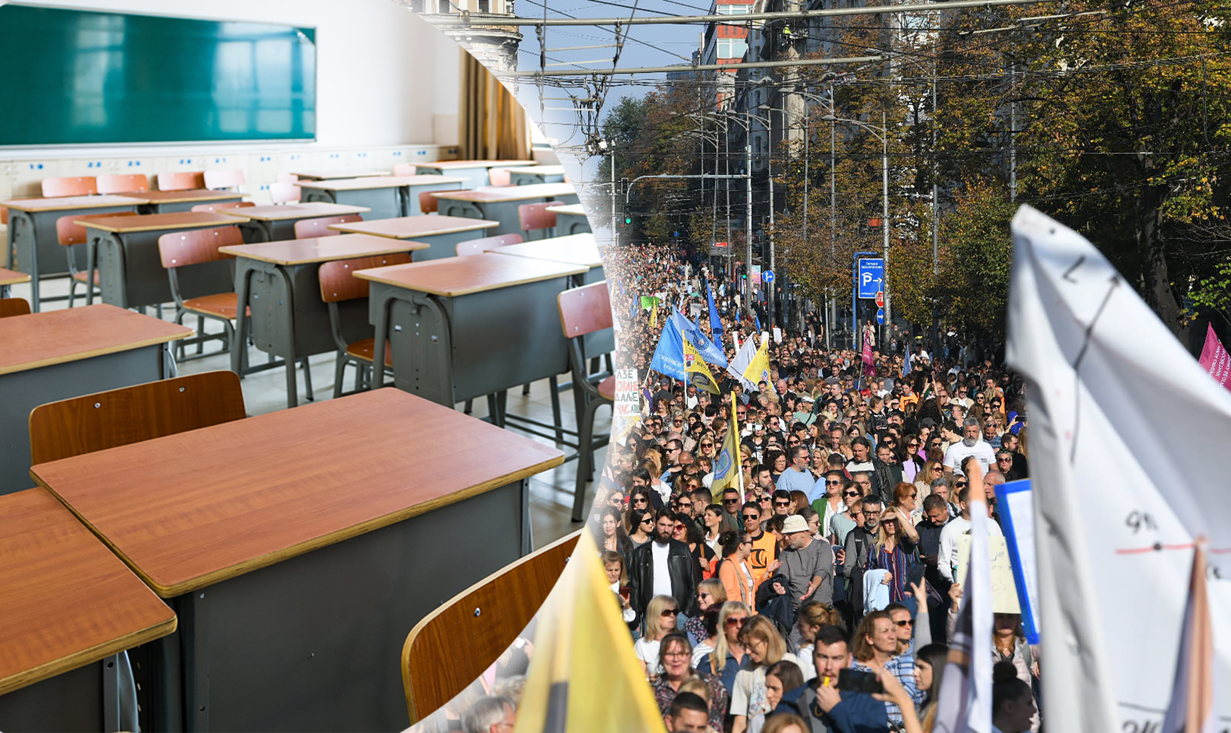 slika sa ranijih protesta prosvetara i neka učionica za tekst o obustavi rada za sutra