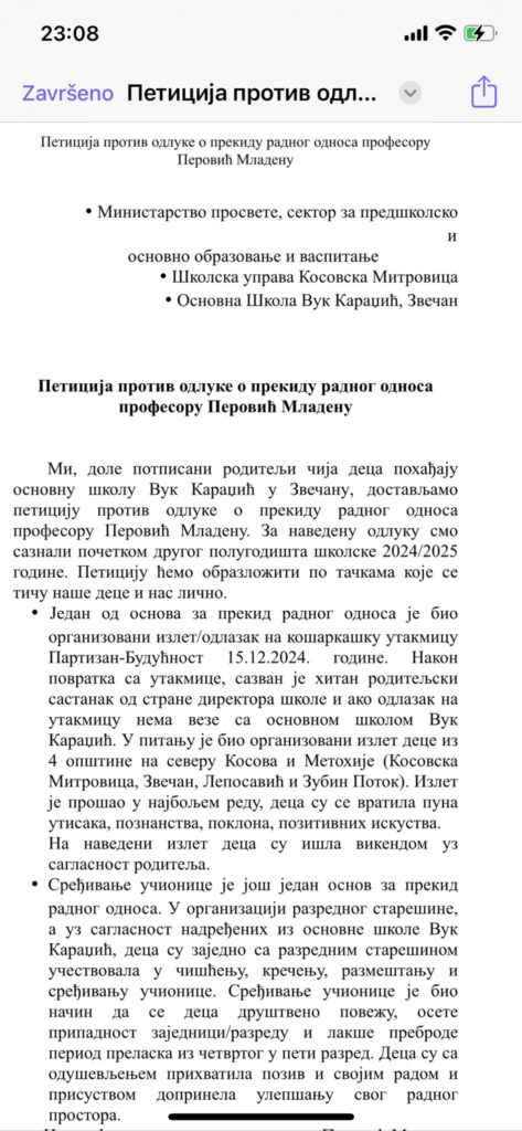 Mladen Perović, nastavnik matematike u osnovnoj školi Vuk Karadžić u Zvečanu, dobio otkaz