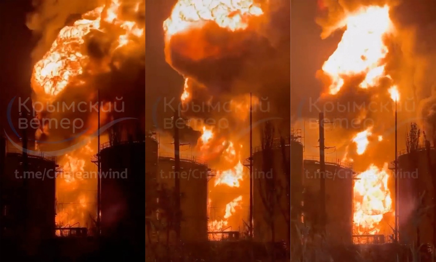 Ukrainian drones attacked the biggest oil depot in Feodosia in Crimea.