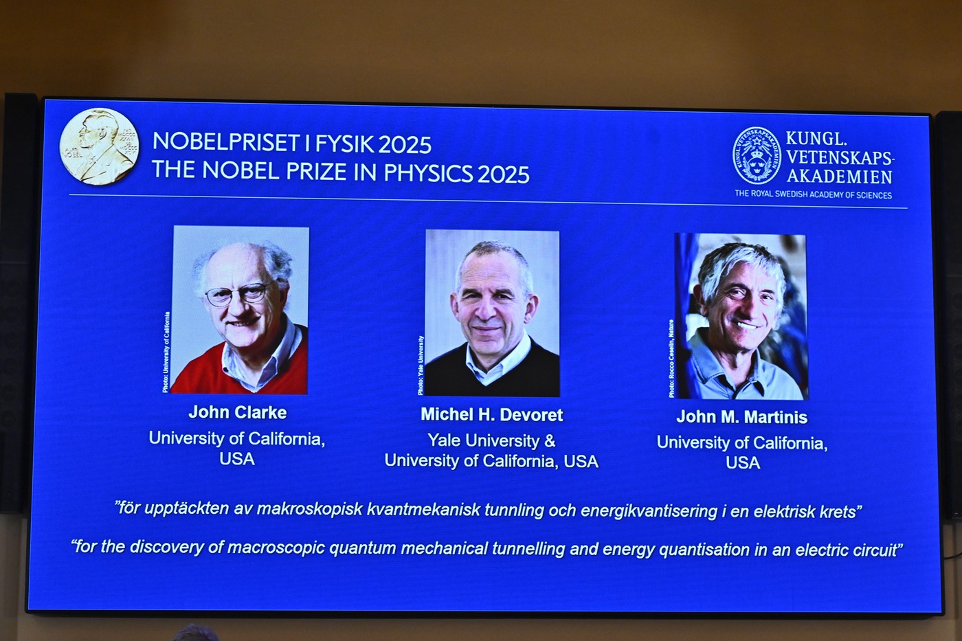 STOCKHOLM, SWEDEN 20251007John Clarke, Michel H Devoret and John M. Martinis have been awarded this year's Nobel Prize in Physics, announced by the Royal Swedish Academy of Sciences at a press conference in Stockhom, Sweden on October 7, 2025. Photo: Chri