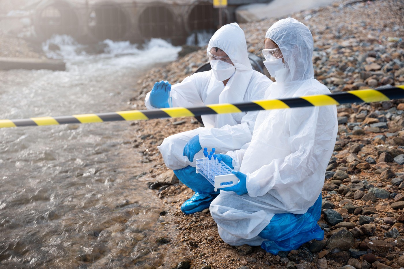 Scientist or Biologist in a protective suit and protect mask collects sample of waste water from industrial for analyze