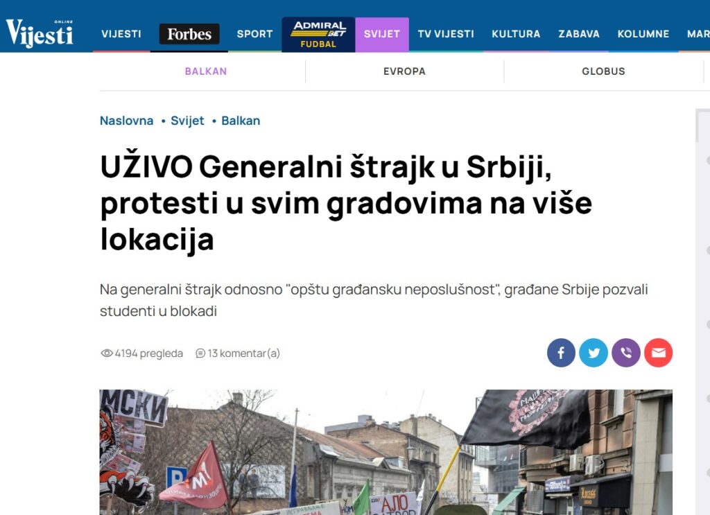Naslovne strane portala u regionu o štrajku,  regionalni mediji o štrajku