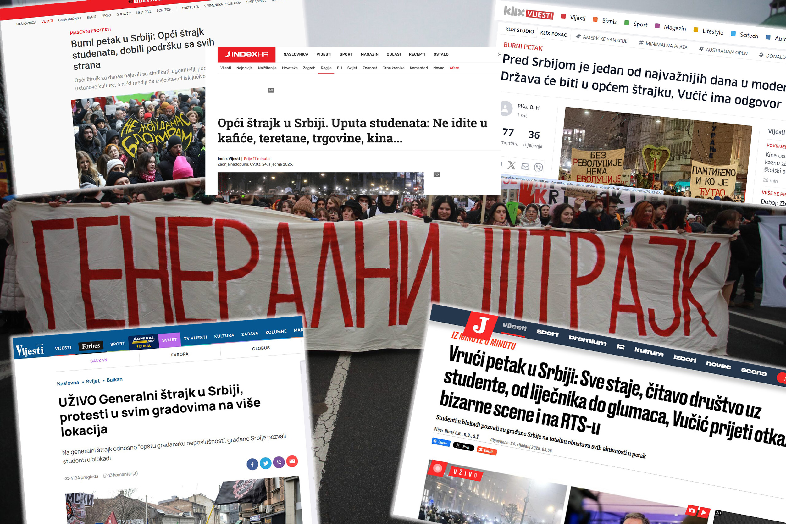 Naslovne strane portala u regionu o štrajku,  regionalni mediji o štrajku, kombo