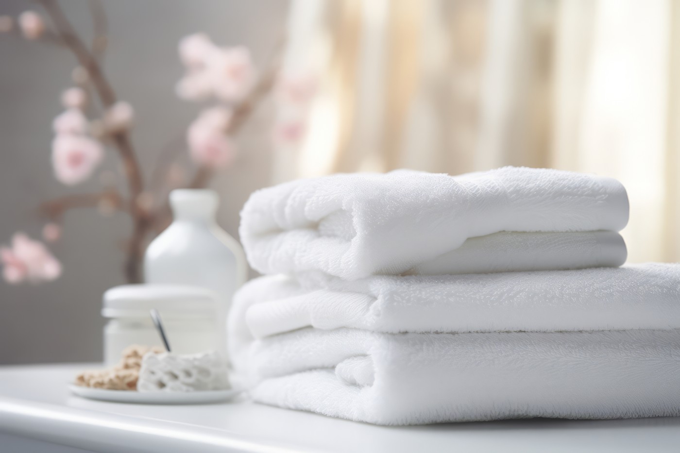 A stack of clean cotton towels on a table in the bathroom. White terry towels.