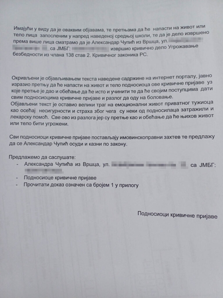 Vršac, Gimnazija u Vršcu, zaposleni, pretnje, krivična prijava Foto: Privatna arhiva