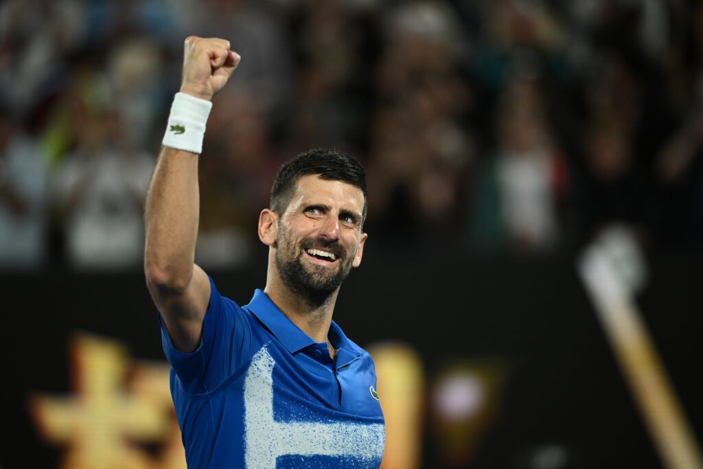 epa11842087 Novak Djokovic of Serbia reacts during his Men's Singles quarterfinal match against Carlos Alcaraz of Spain at the Australian Open tennis tournament in Melbourne, Australia, 22 January 2025.  EPA-EFE/JOEL CARRETT  AUSTRALIA AND NEW ZEALAND OUT
