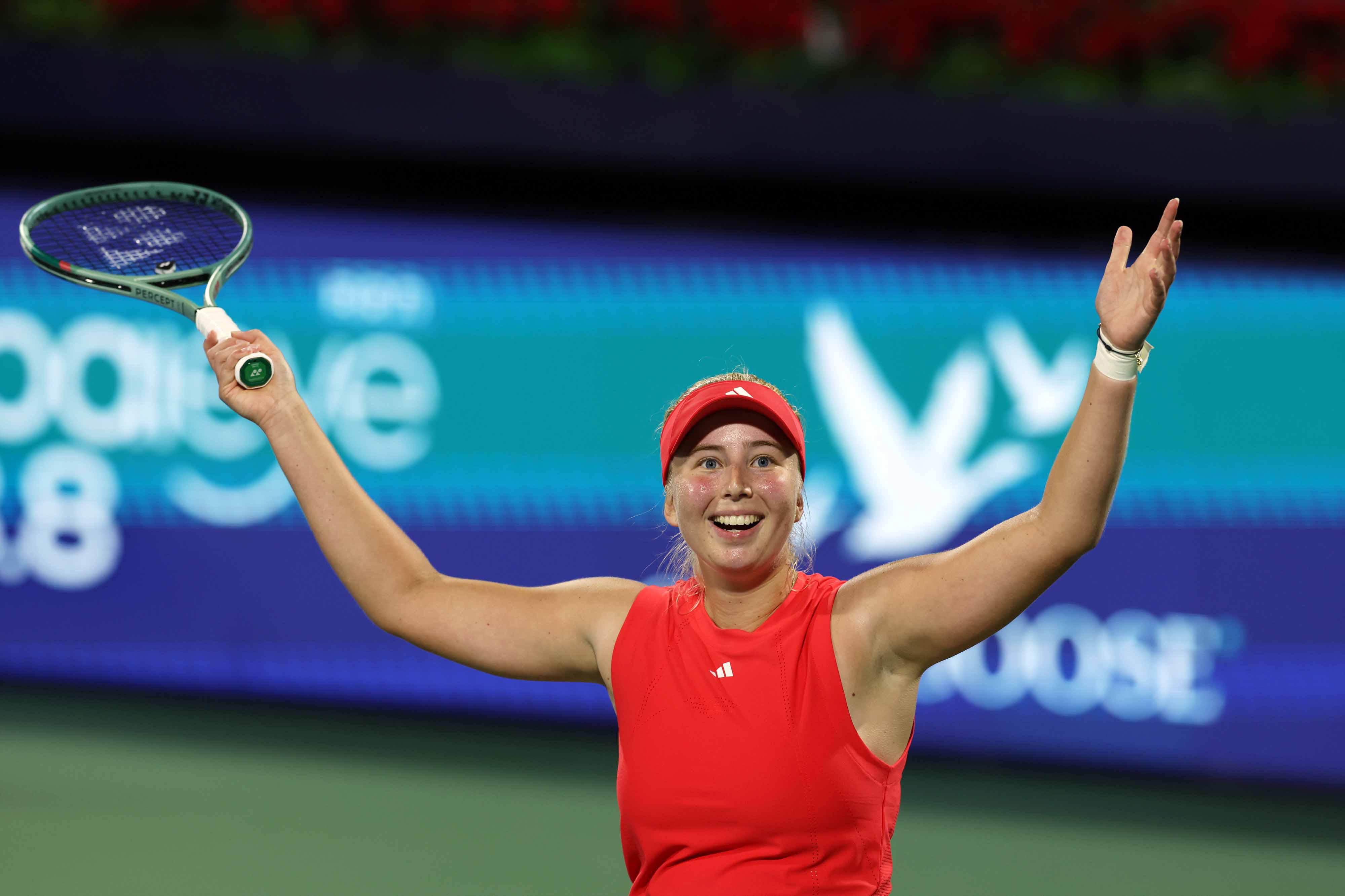 epa11913770 Clara Tauson of Denmark celebrates winning her semifinal match against Karolina Muchova of Czech Republic at the Dubai Tennis WTA Championships 2025 in Dubai, United Arab Emirates, 21 February 2025.  EPA-EFE/ALI HAIDER