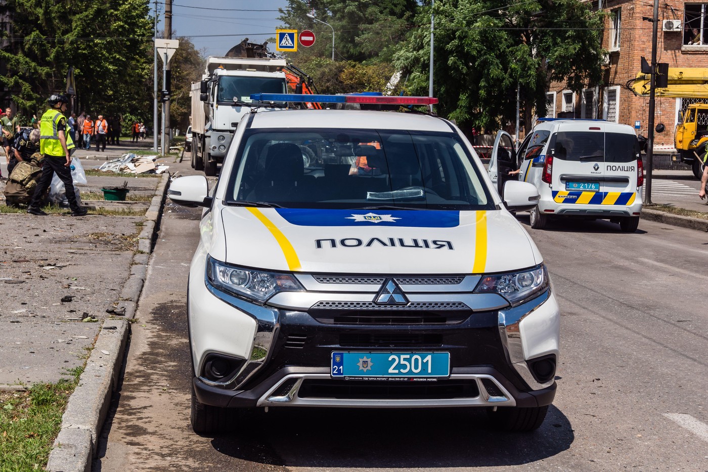 Kharkiv, Ukraine, July 7, 2025 Police is working in the city center of Kharkiv who was hit by Russian Shahed drones. The street it totally devastated