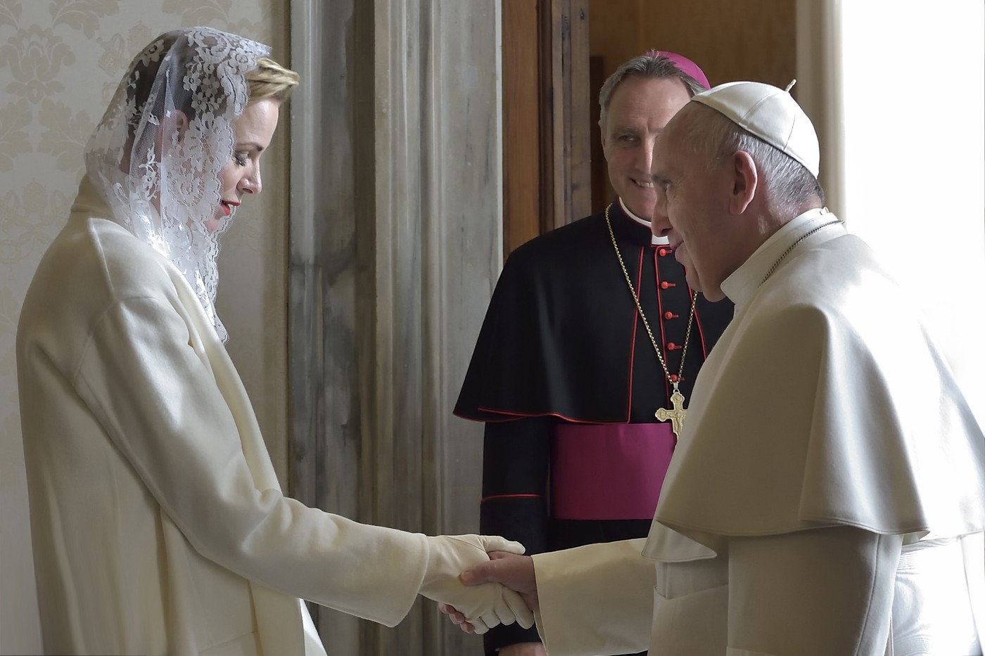Vatican, Rome: Pope Francis meets Prince Albert II and Princess Charlene of Monaco during a private audience