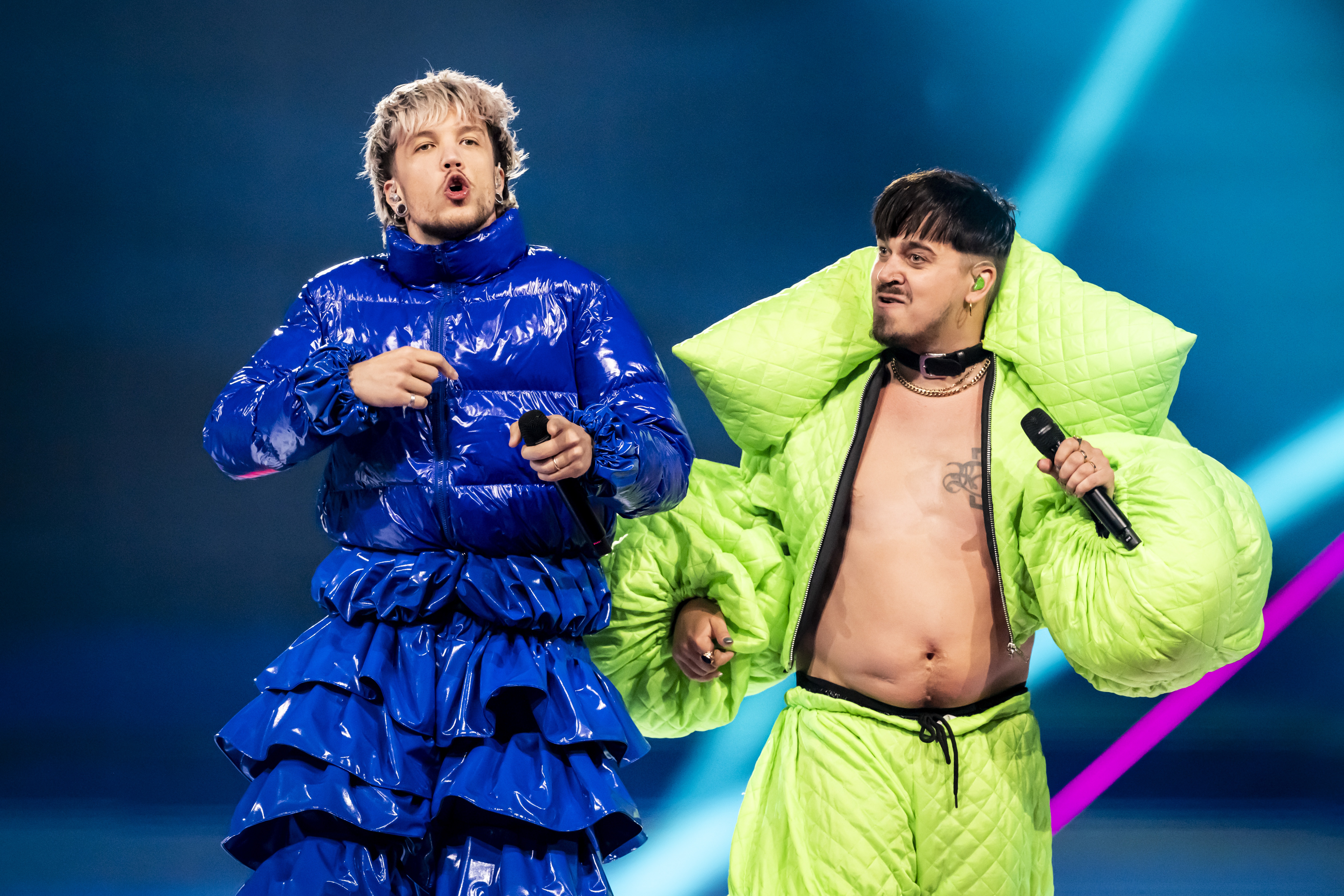 epa12108030 Baby Lasagna, left, and Kaarija perform during the dress rehearsal for the Grand Final of the 69th Eurovision Song Contest (ESC) in Basel, Switzerland, 16 May 2025.  EPA-EFE/GEORGIOS KEFALAS