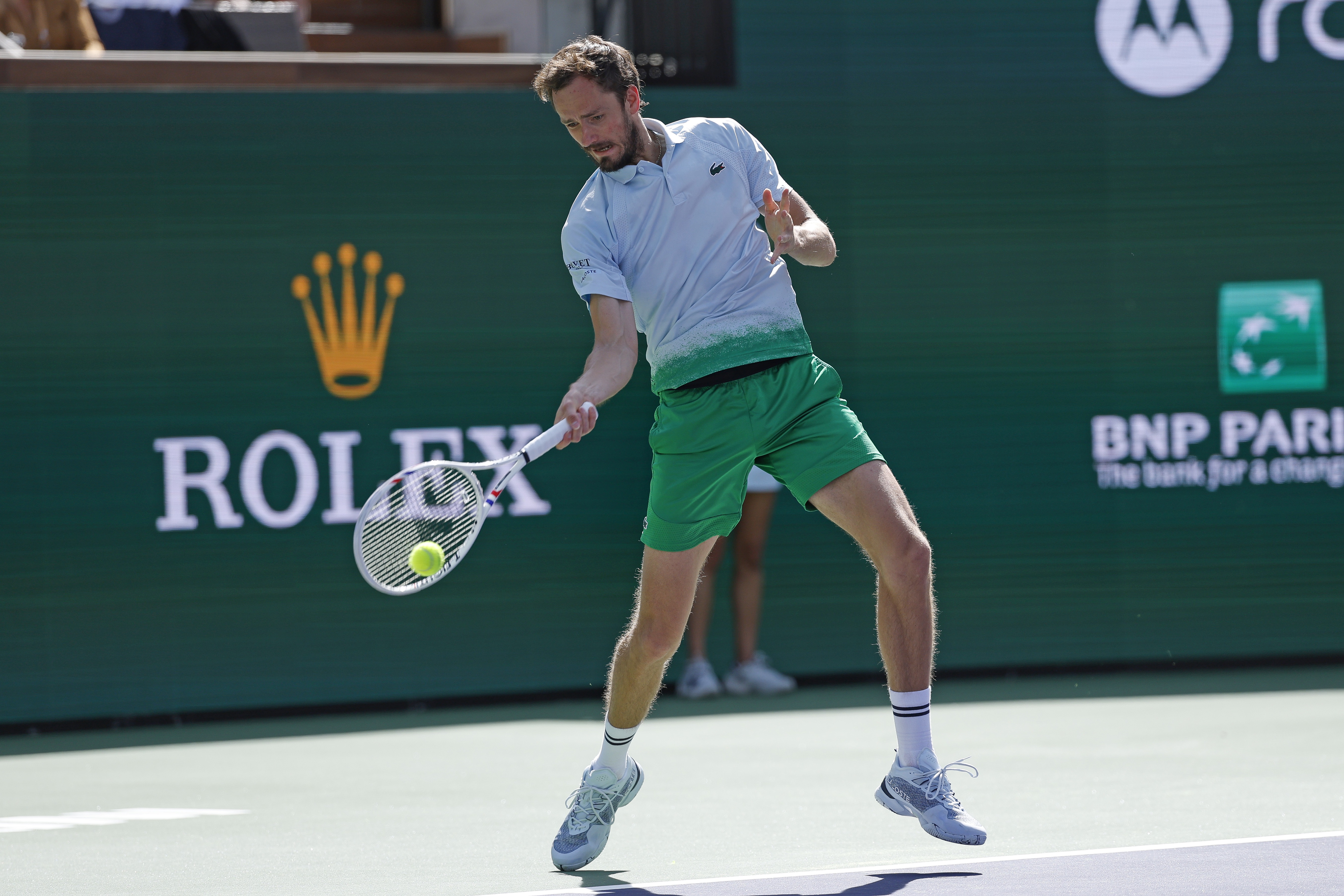 epa11967143 Daniil Medvedev of Russia in action against Holger Rune of Denmark during the mens semifinals of the BNP Paribas Open tennis tournament in Indian Wells, California, USA, 15 March 2025.  EPA-EFE/JOHN G. MABANGLO
