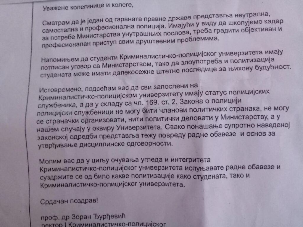 Profesori Kriminalističko-policijskog univerziteta dobili upozorenje kakvo nikad nisu za podršku Vučiću, KPU