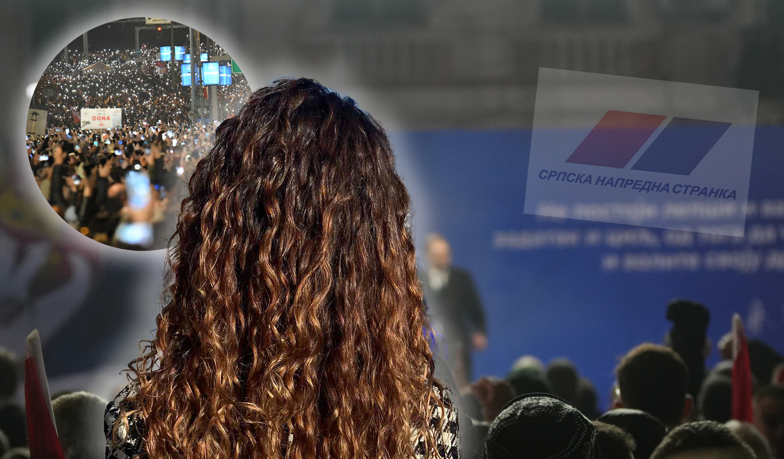 Ruma, Kaver: ova devojka (njena kosa, hah) u fokus, background pokrivalica za SNS i u kružić studentski protest, Odbila da ide u Jagodinu na miting i tražila iščlanjenje iz stranke, pa joj u muzeju u Rumi uručili otkaz