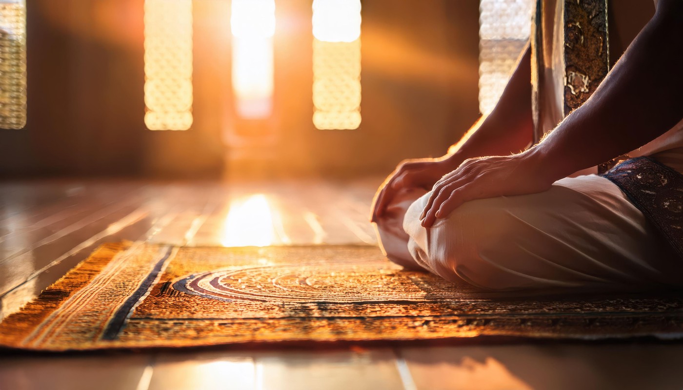 A person sits in quiet contemplation on a prayer mat, embracing the tranquility of Iftar at sunset.