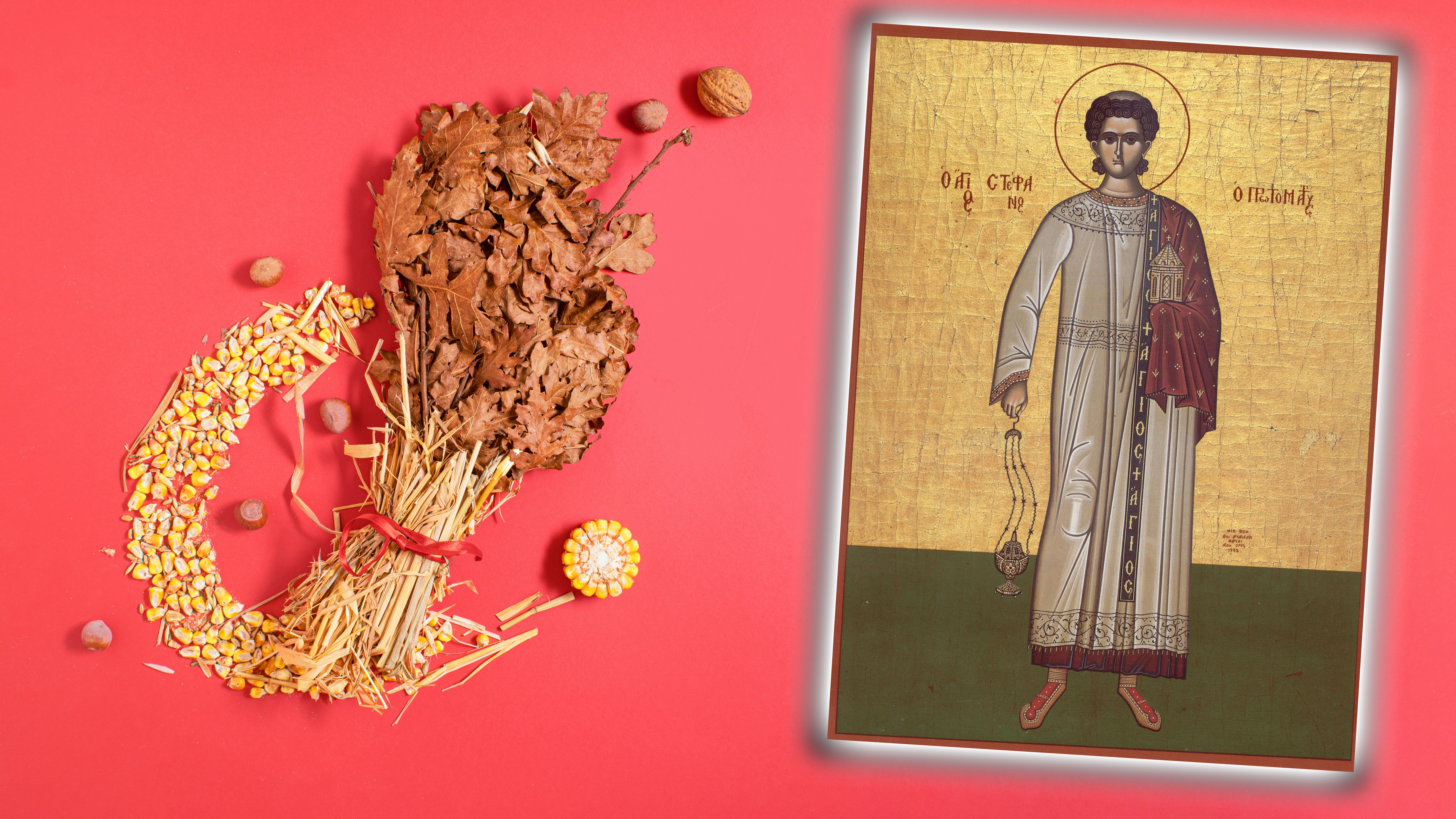 Traditional,Orthodox,Christmas,Decoration,"badnjak",On,A,Pastel,Red,Background.