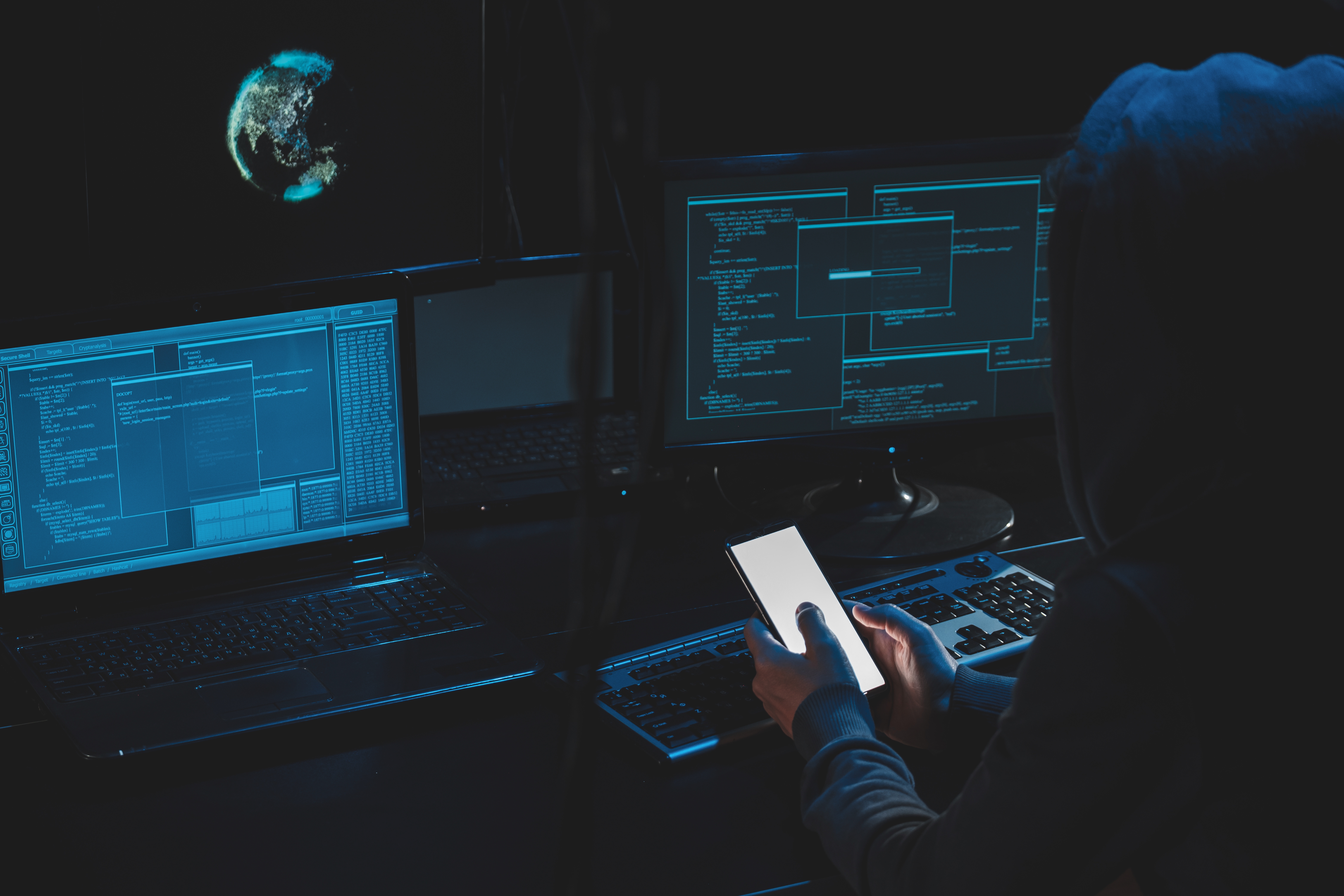 Overhead,Hacker,In,Hood,Working,At,Laptop,And,Mobile,Phone