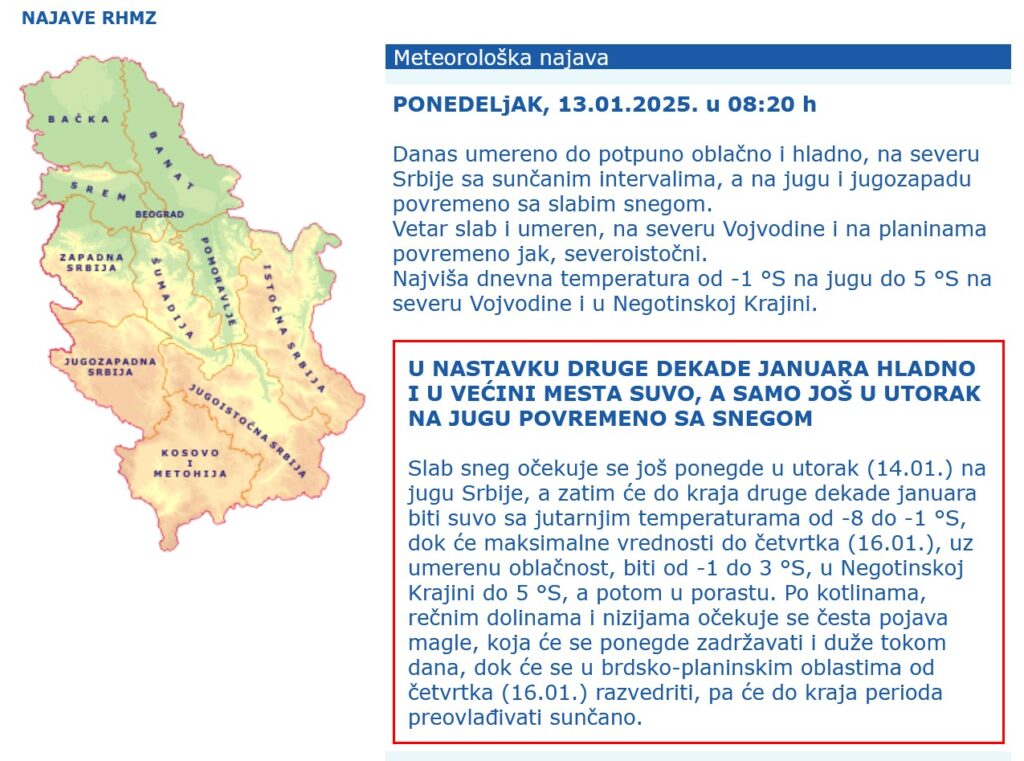 Vremenska prognoza, zima, hladno vreme, sneg Foto: RHMZ