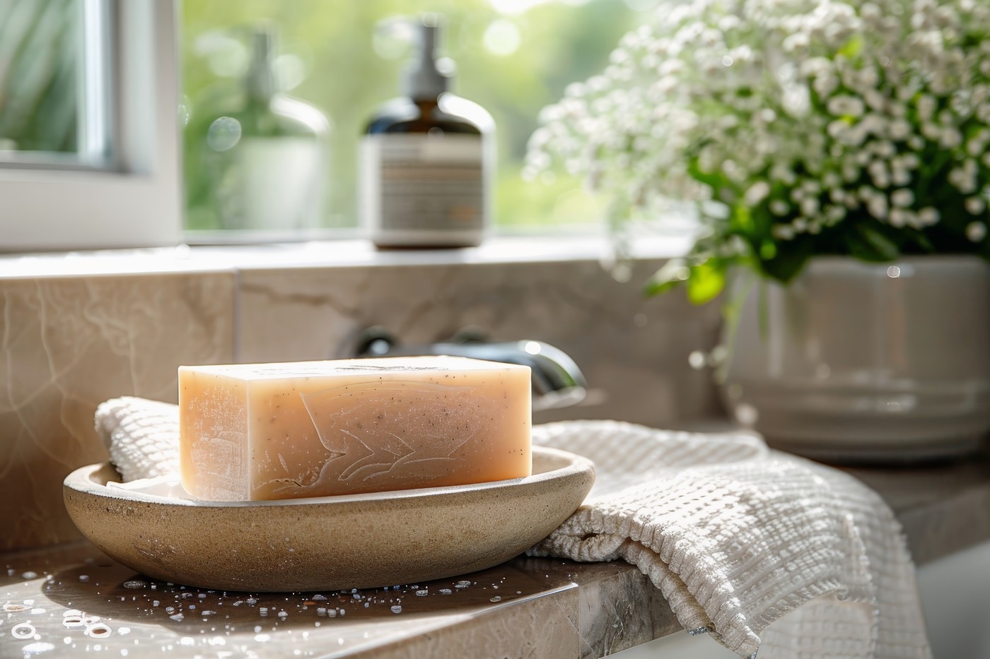 Beautiful handmade soap on a washbasin in a luxury bathroom