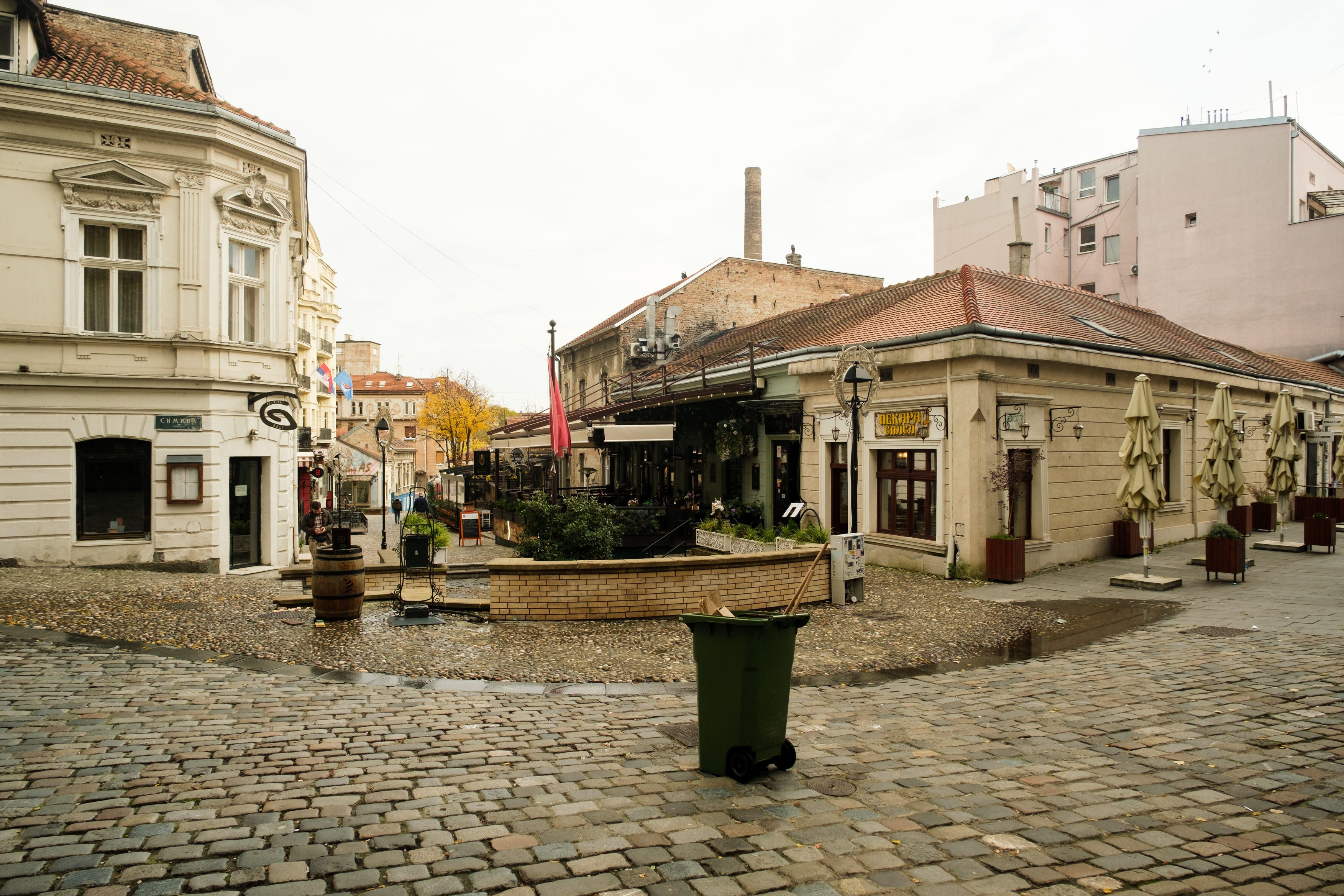 Belgrade, Serbia - December 2, 2023: A daytime photo of Skadarlija neighborhood in Belgrade, Serbia, featuring scattered yellow leaves on the ground,