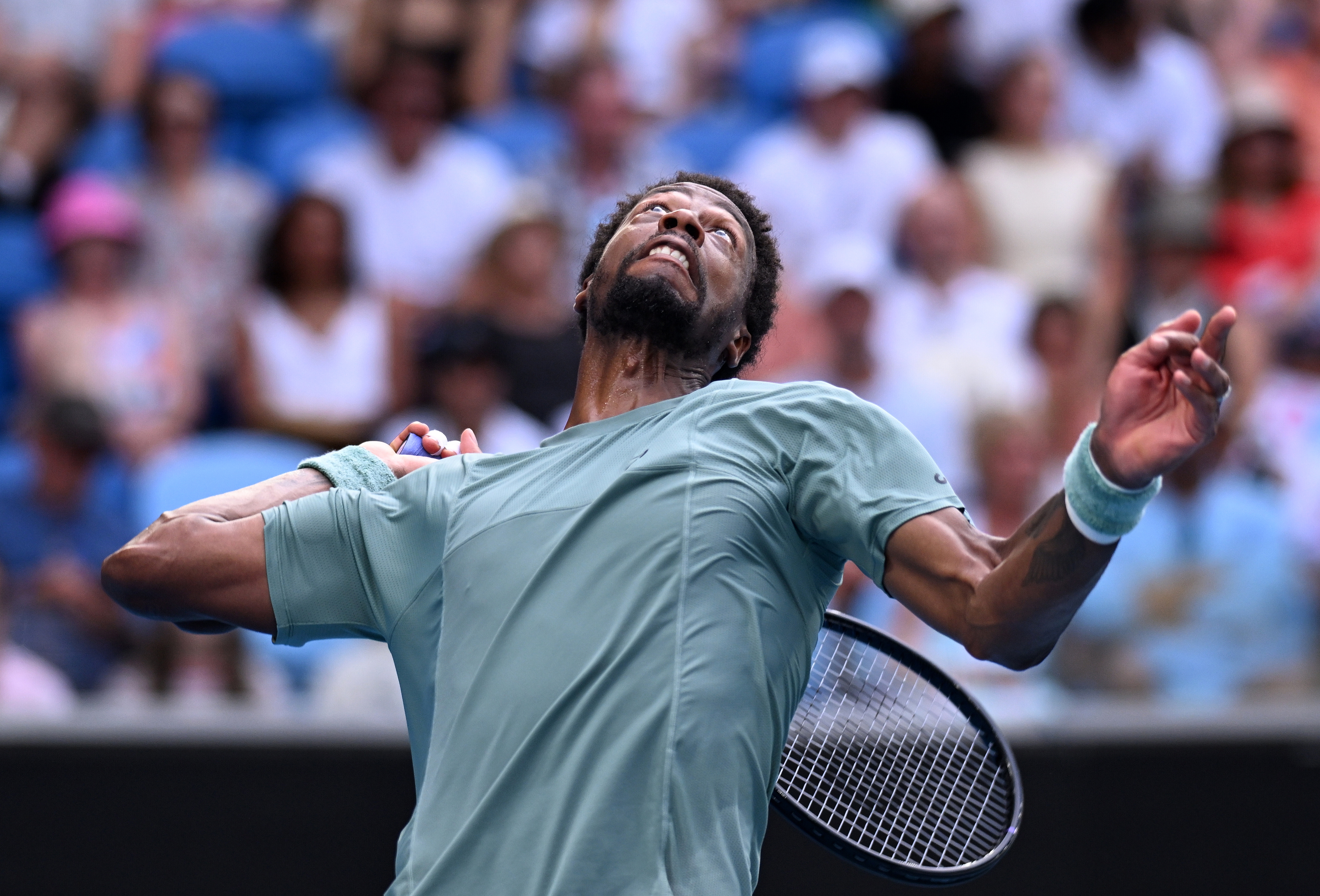 epa11837775 Gael Monfils of France prepares to serve during his round 4 match against Ben Shelton of the USA during the 2025 Australian Open at Melbourne Park in Melbourne, Australia, 20 January 2025.  EPA-EFE/JAMES ROSS  AUSTRALIA AND NEW ZEALAND OUT