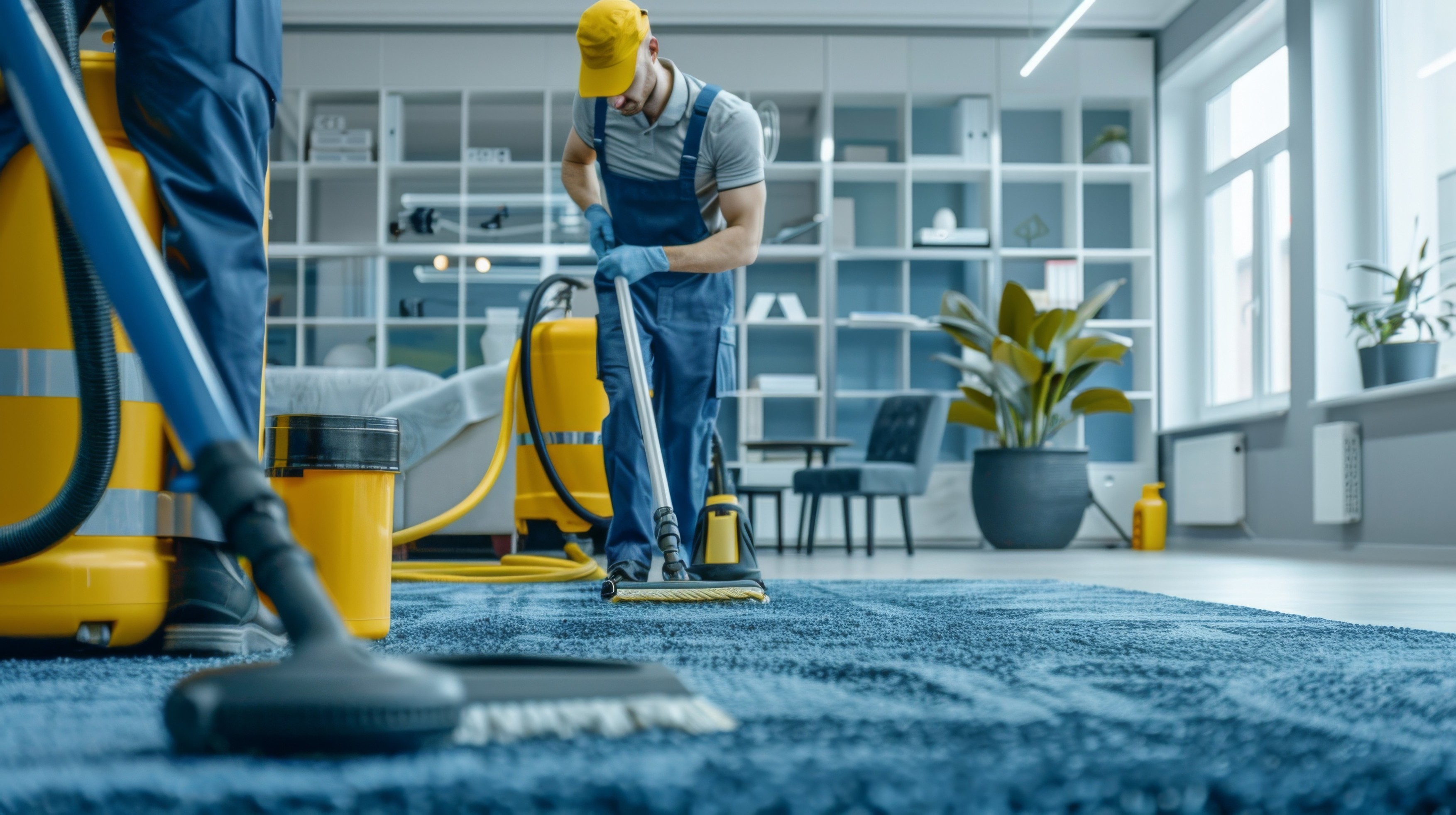 Professional cleaner wearing blue uniform and yellow cap cleaning carpet in modern office using professional equipment,Image: 884720453, License: Royalty-free, Restrictions: , Model Release: no, Credit line: Federico Caputo / Panthermedia / Profimedia