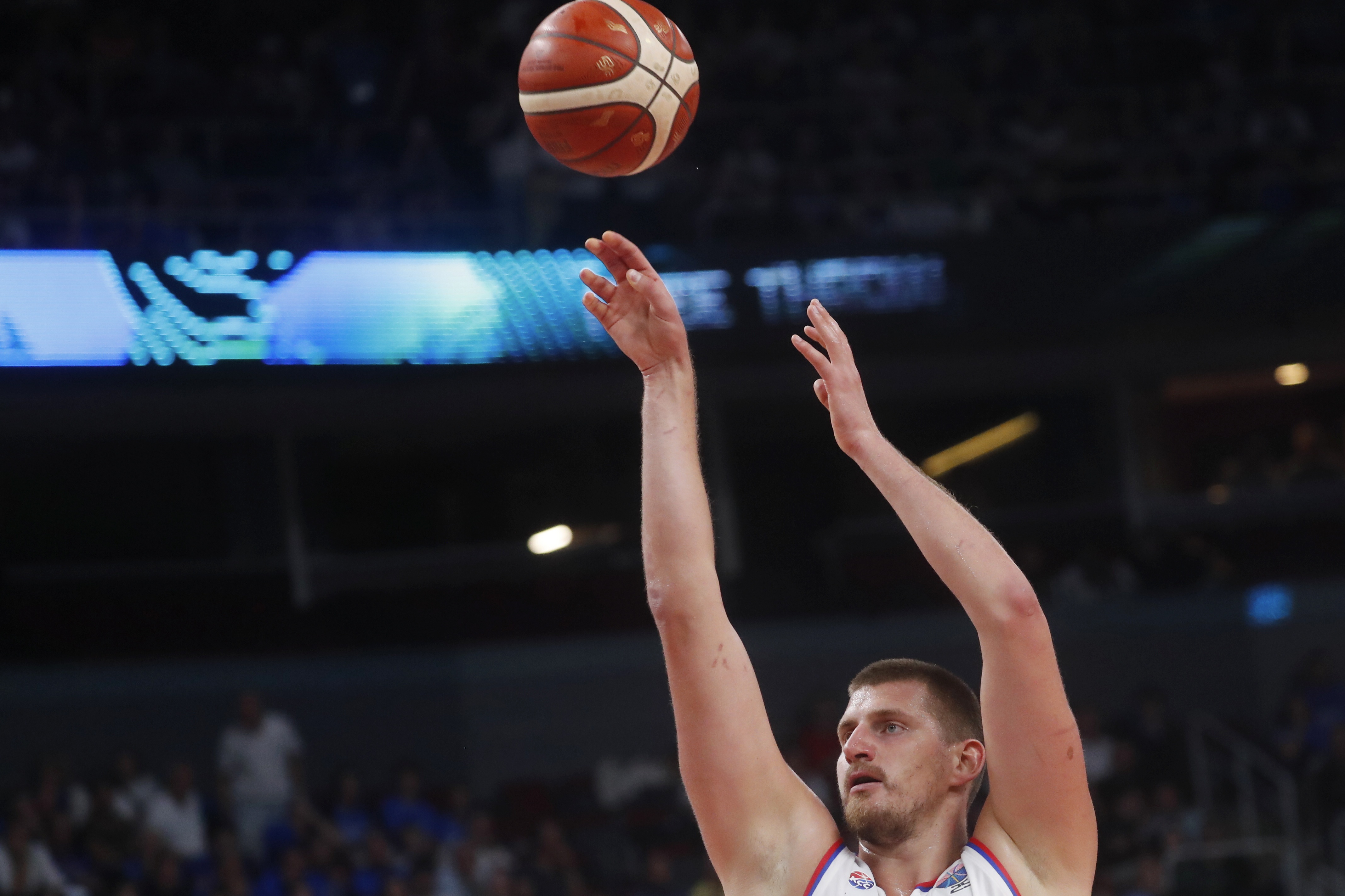 epa12327908 Nikola Jokic of Serbia in action during the EuroBasket 2025 group phase basketball match between Serbia and Estonia, in Riga, Latvia, 27 August 2025.  EPA/TOMS KALNINS