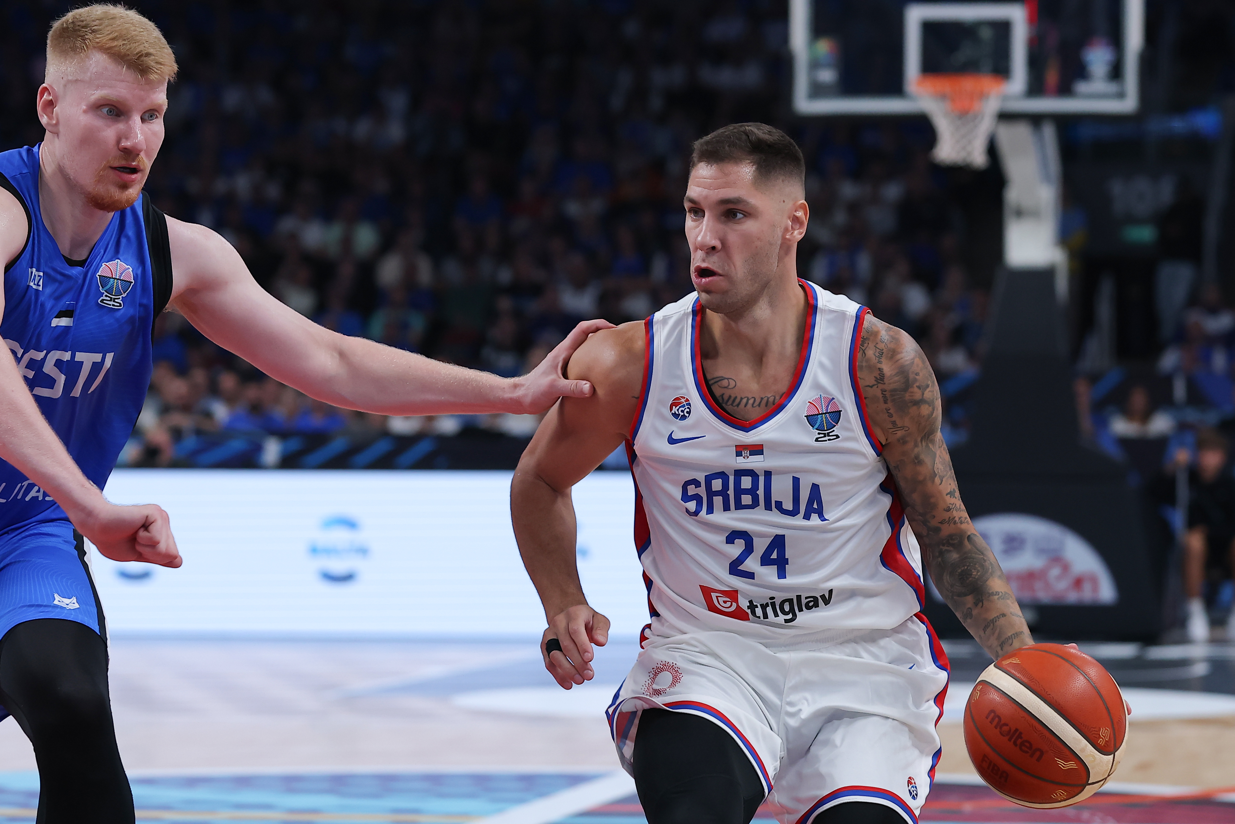 Stefan Jovic during FIBA Eurobasket 2025 group A first round basketball match between Serbia and Estonia on August 27, 2025. in Riga, Latvia.
(photo by Pedja Milosavljevic/STARSPORT ©)