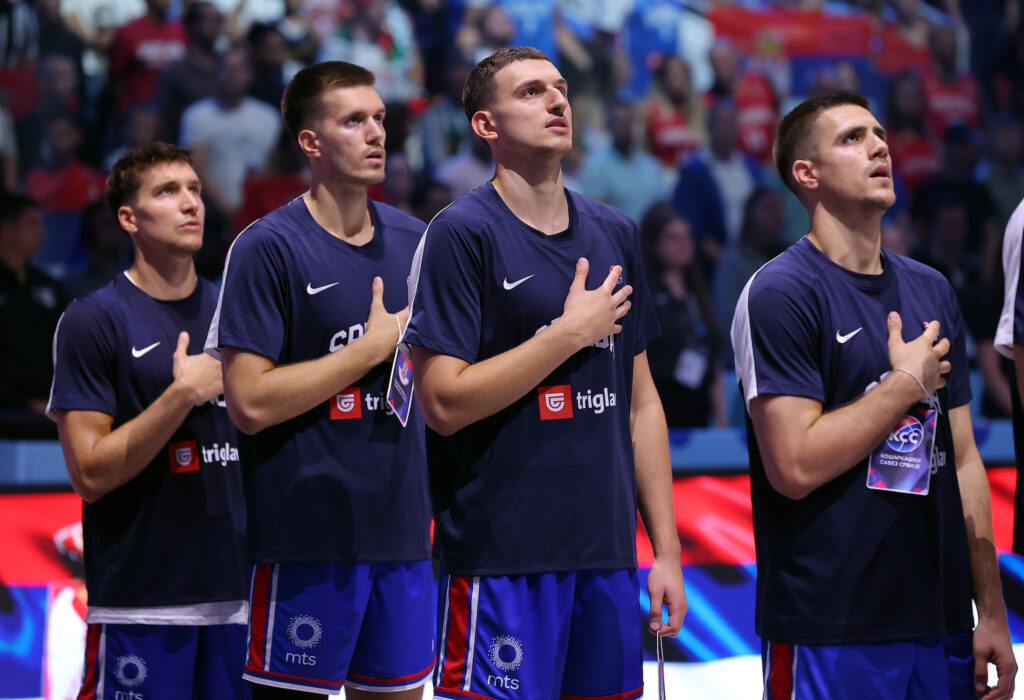 Serbian players during national anthem during FIBA Eurobasket 2025 group A second round basketball match between Portugal and Serbia on August 29, 2025. in Riga, Latvia.
(photo by Pedja Milosavljevic/STARSPORT ©)