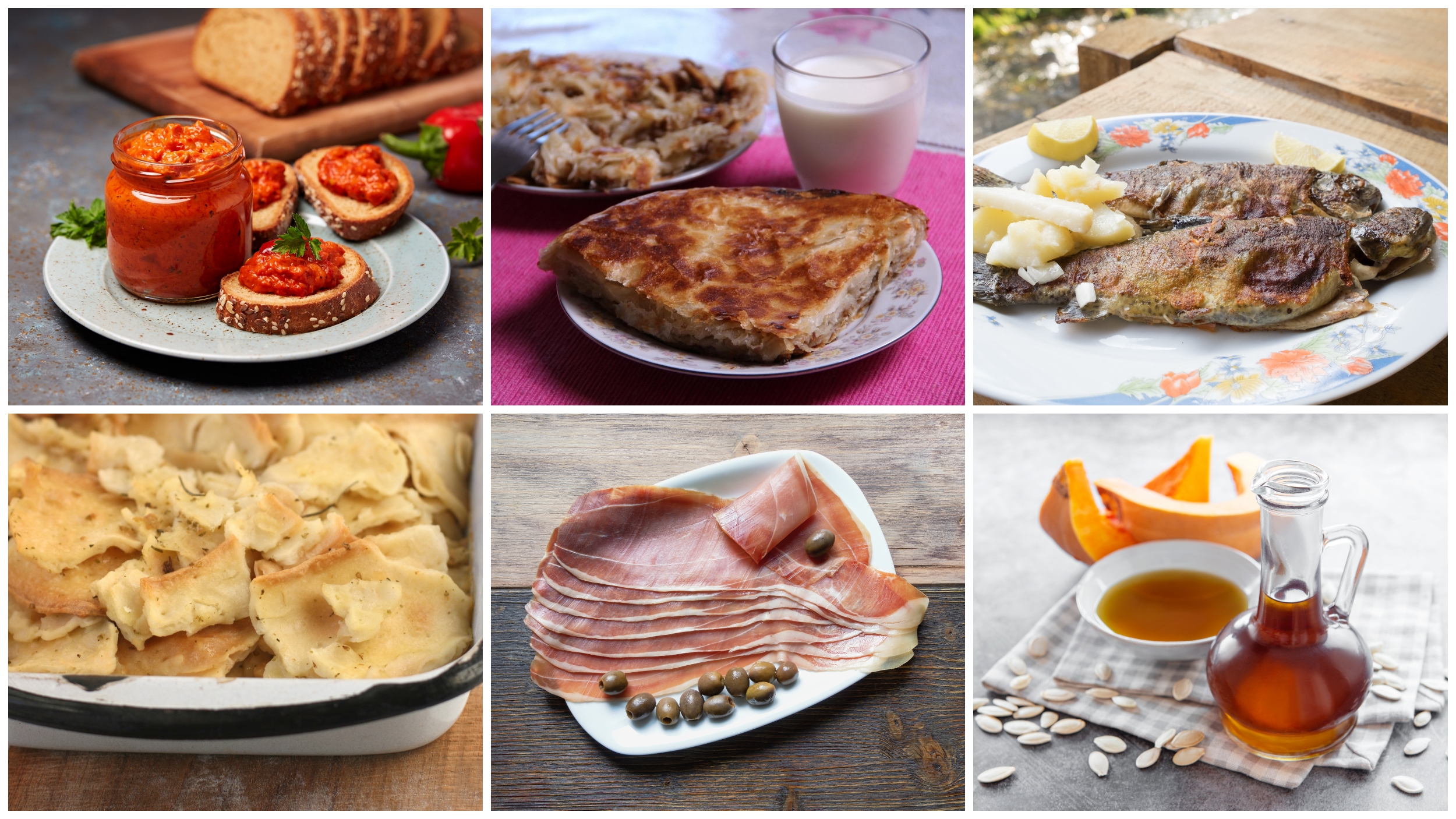 burek, ajvar, zagorski mlinci, pečena pastrmka, njeguška pršuta, ulje bundeve