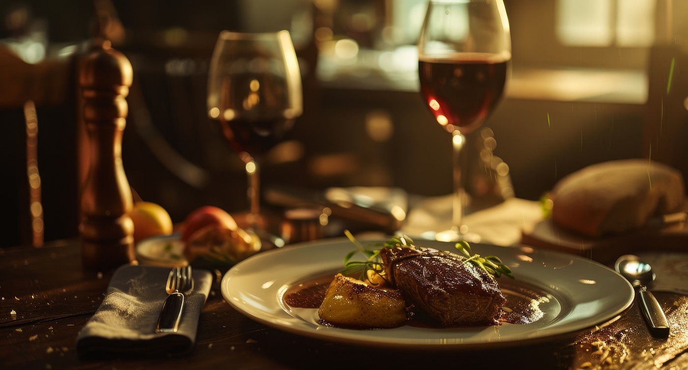 Intimate dinner ambiance with a succulent roast paired with red wine, evoking a sense of warmth and culinary delight in a softly lit setting.