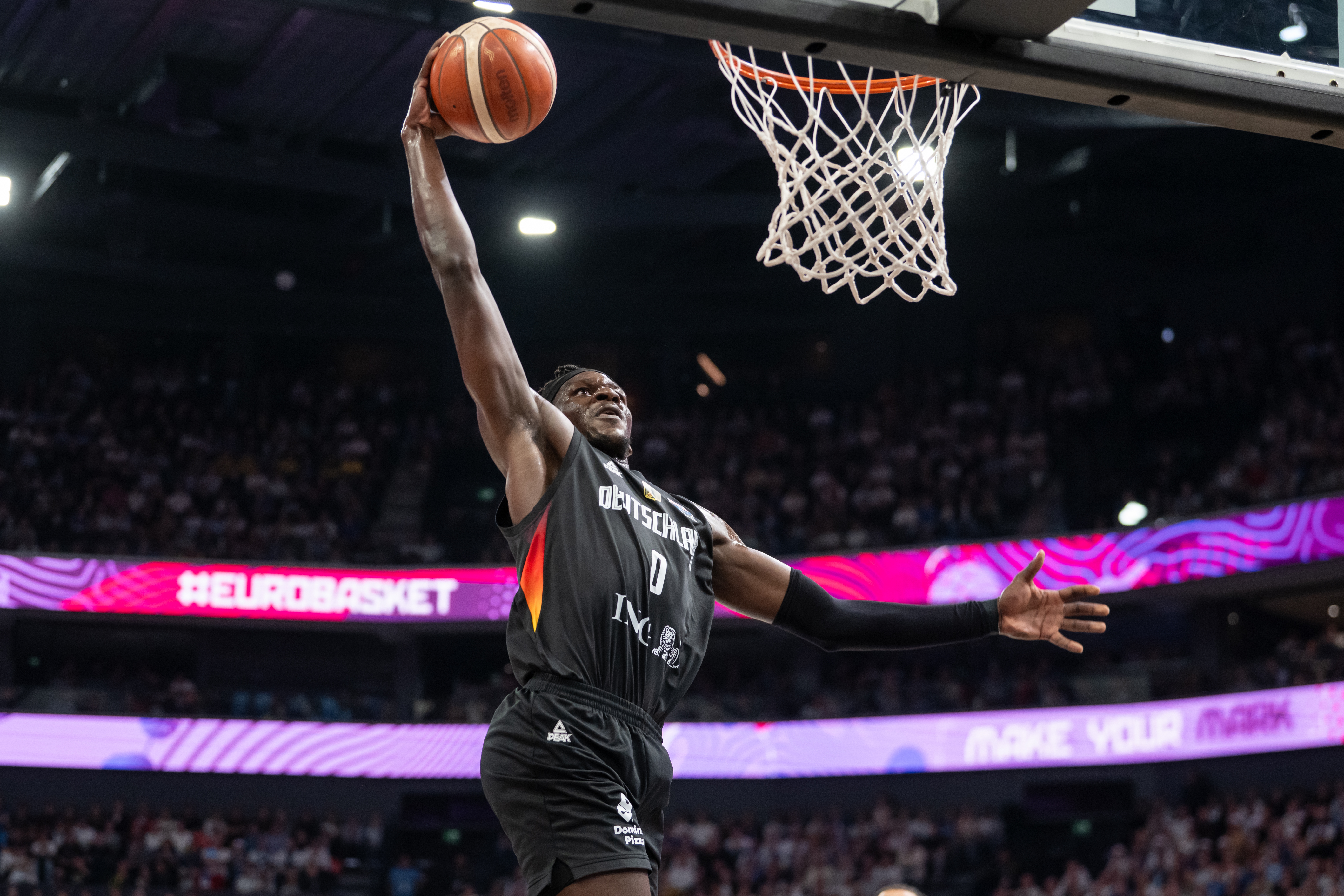 epa12349870 Isaac Bonga of Germany in action during the FIBA EuroBasket 2025 group B basketball match between Finland and Germany in Tampere, Finland, 03 September 2025.  EPA/JUSSI ESKOLA