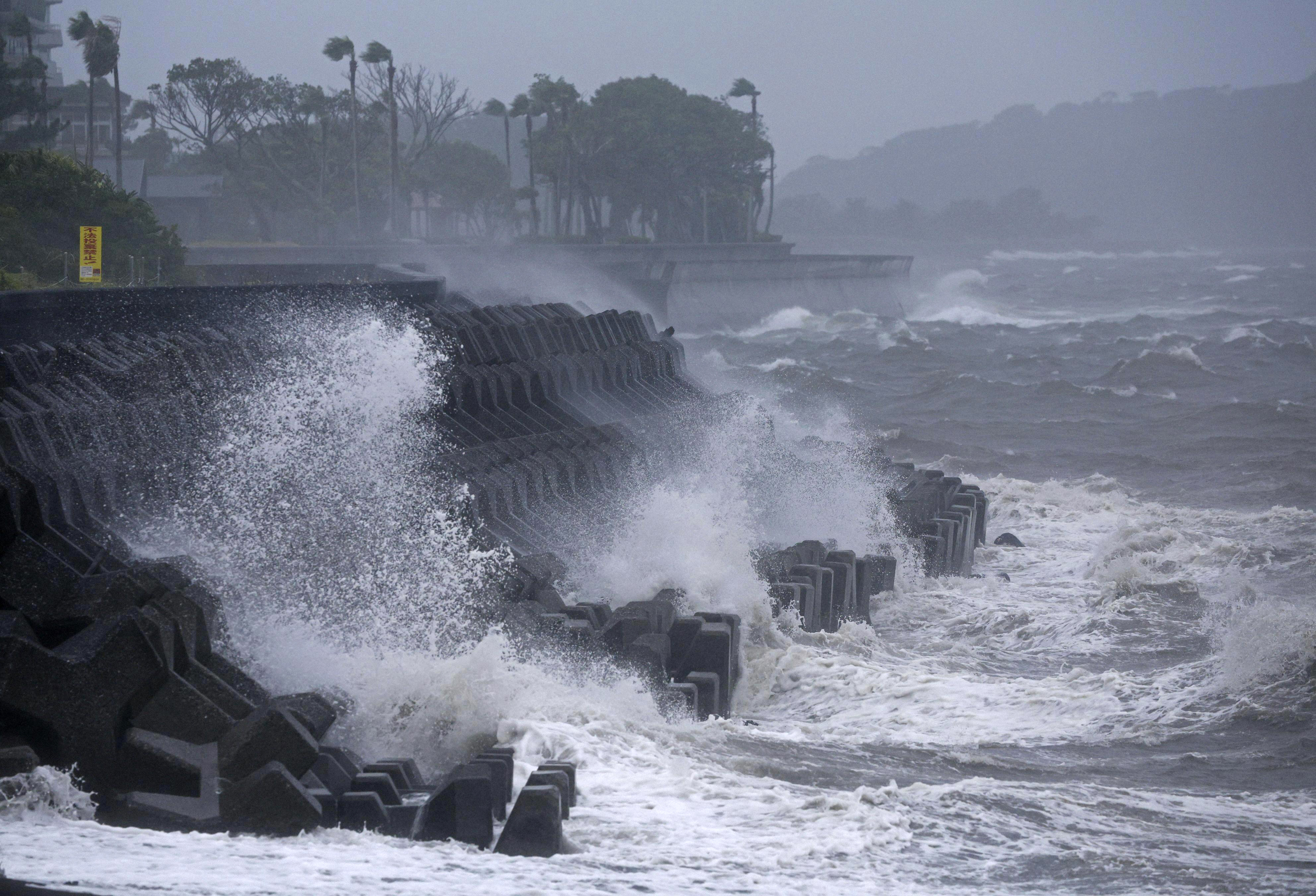High waves hit a coastal area in Ibusuki, Kagoshima prefecture, western Japan, Wednesday, Aug. 28, 2024, as a typhoon is approaching. (Hidetaka Komukai/Kyodo News via AP)