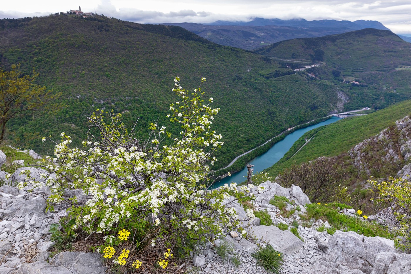 View of Soca (Isonzo) river and Sveta gora from mount Sabotin, Slovenia