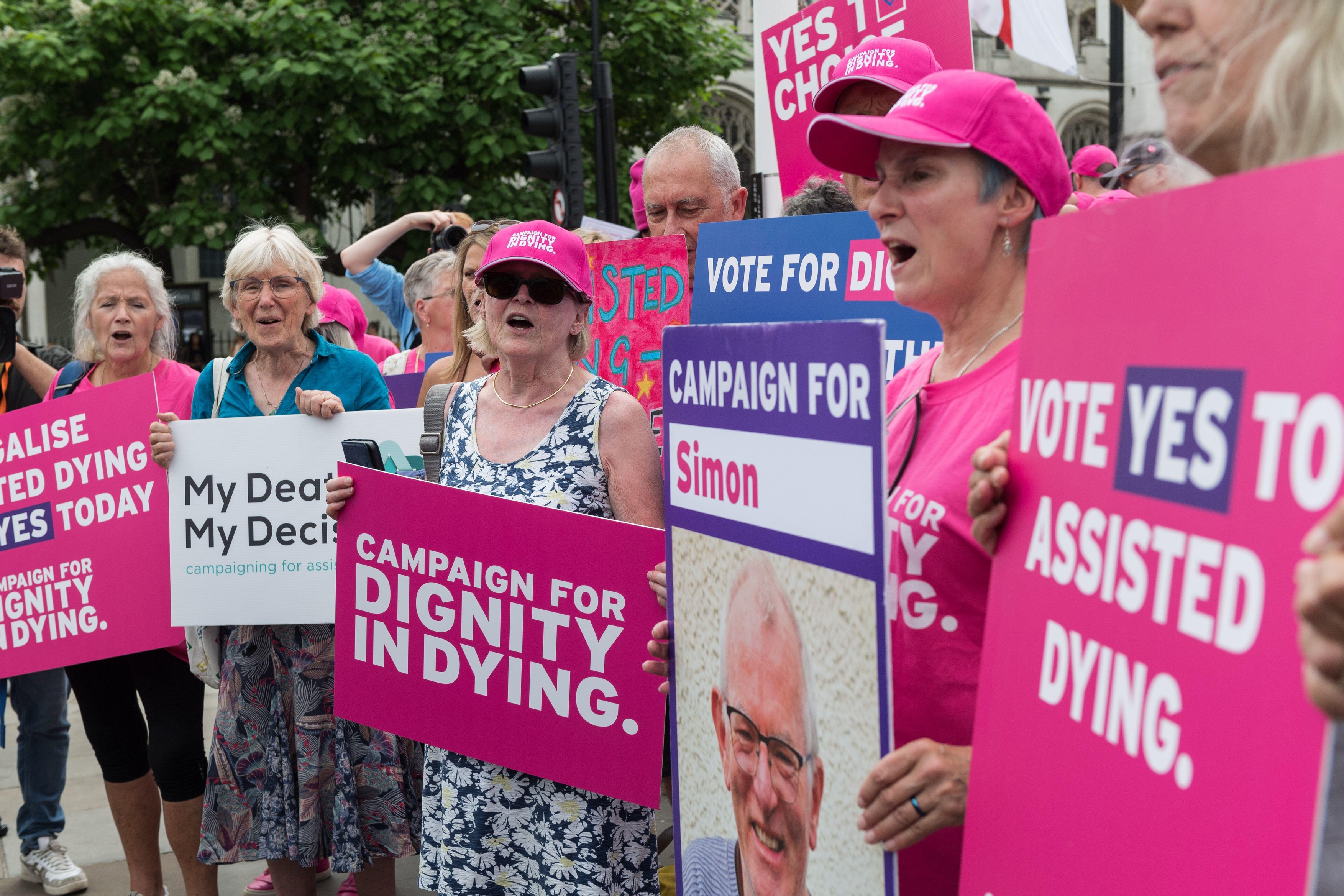 London, UK. 20th June, 2025. Supporters of assisted dying gather in Parliament Square to demonstrate their support for assisted dying as Terminally Ill Adults (End of Life) Bill reaches Third Reading debate and a critical vote on the Bill as a whole in th