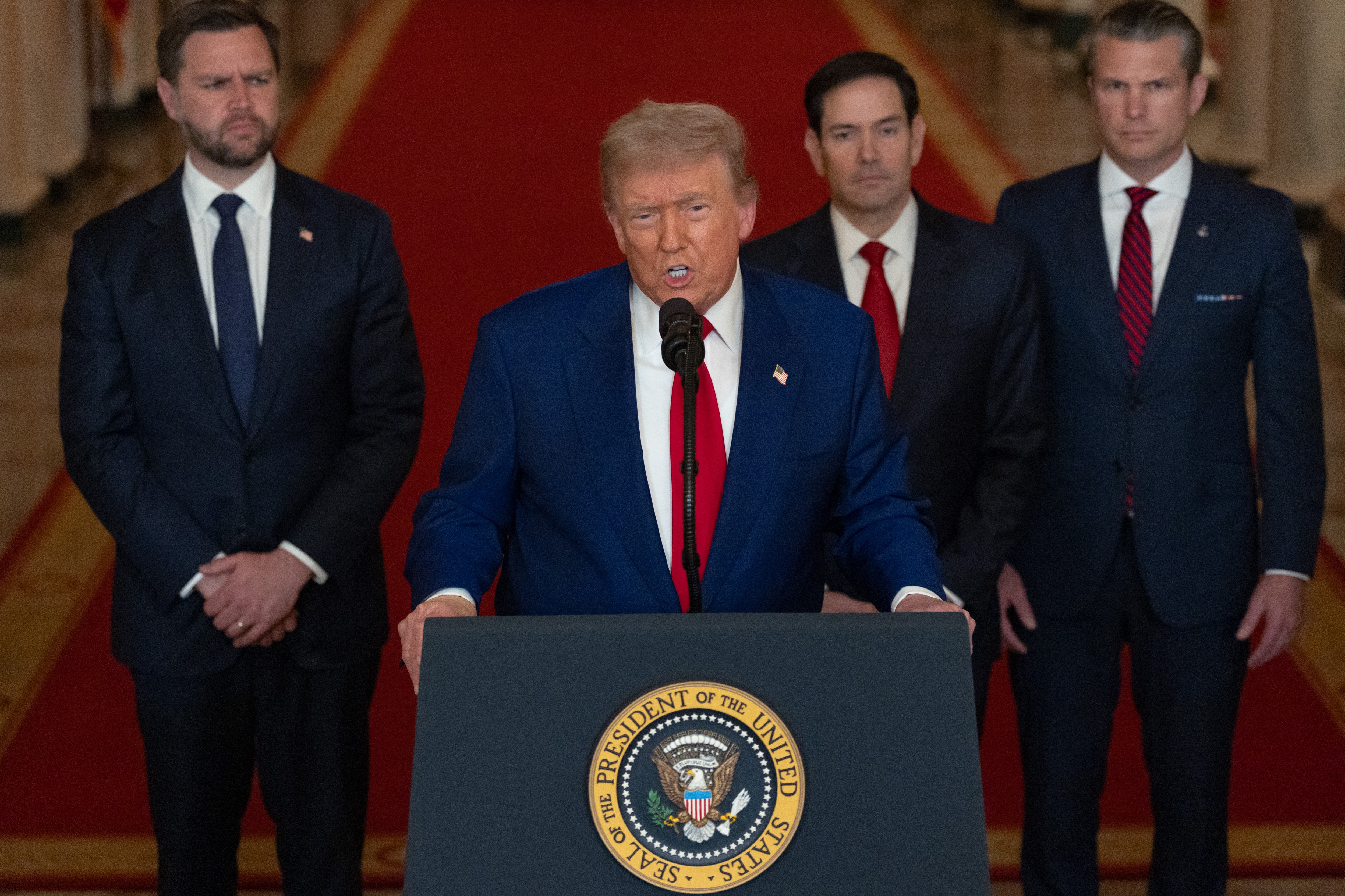 US President Donald Trump delivers an address to the nation at the White House in Washington, following U.S. strikes on Iran's nuclear facilities.